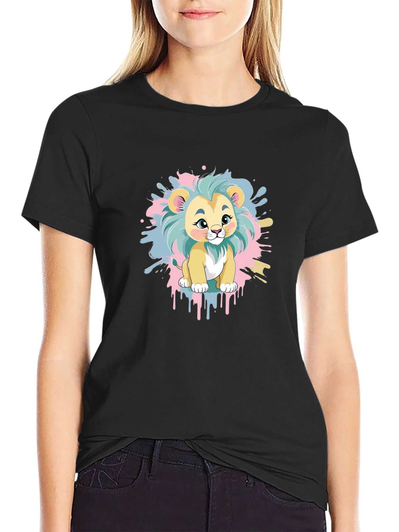 Cute Cartoon Lion Graphic Tee - Black Cotton Blend
