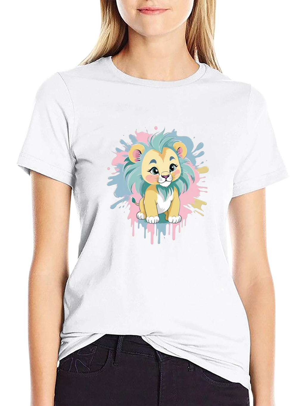 Cute Cartoon Lion Graphic Tee - Black Cotton Blend