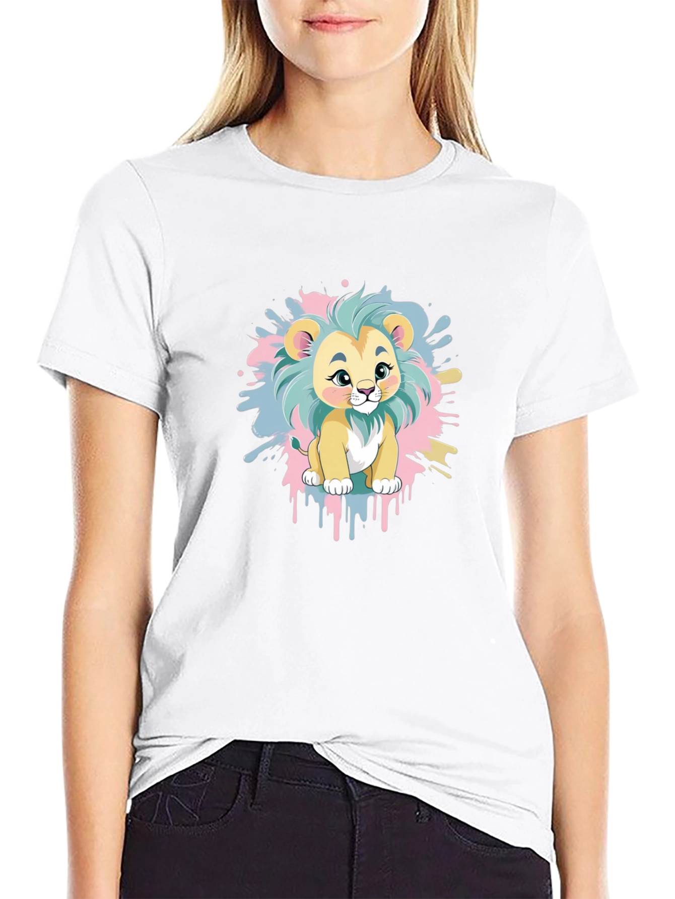 Cute Cartoon Lion Graphic Tee - Black Cotton Blend