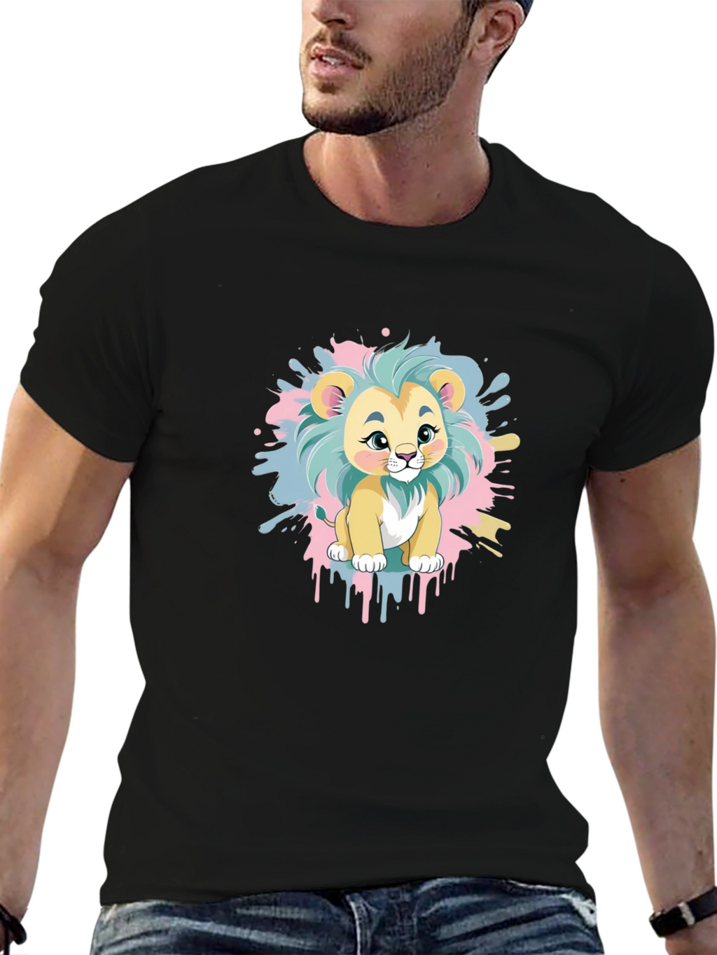 Cute Cartoon Lion Graphic Tee - Black Cotton Blend