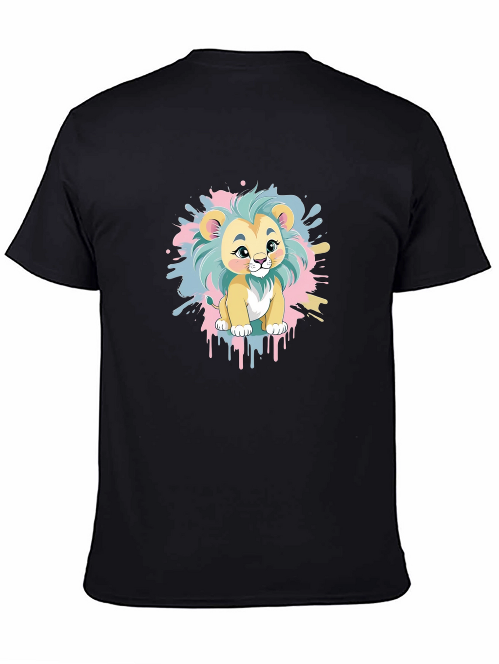 Cute Cartoon Lion Graphic Tee - Black Cotton Blend