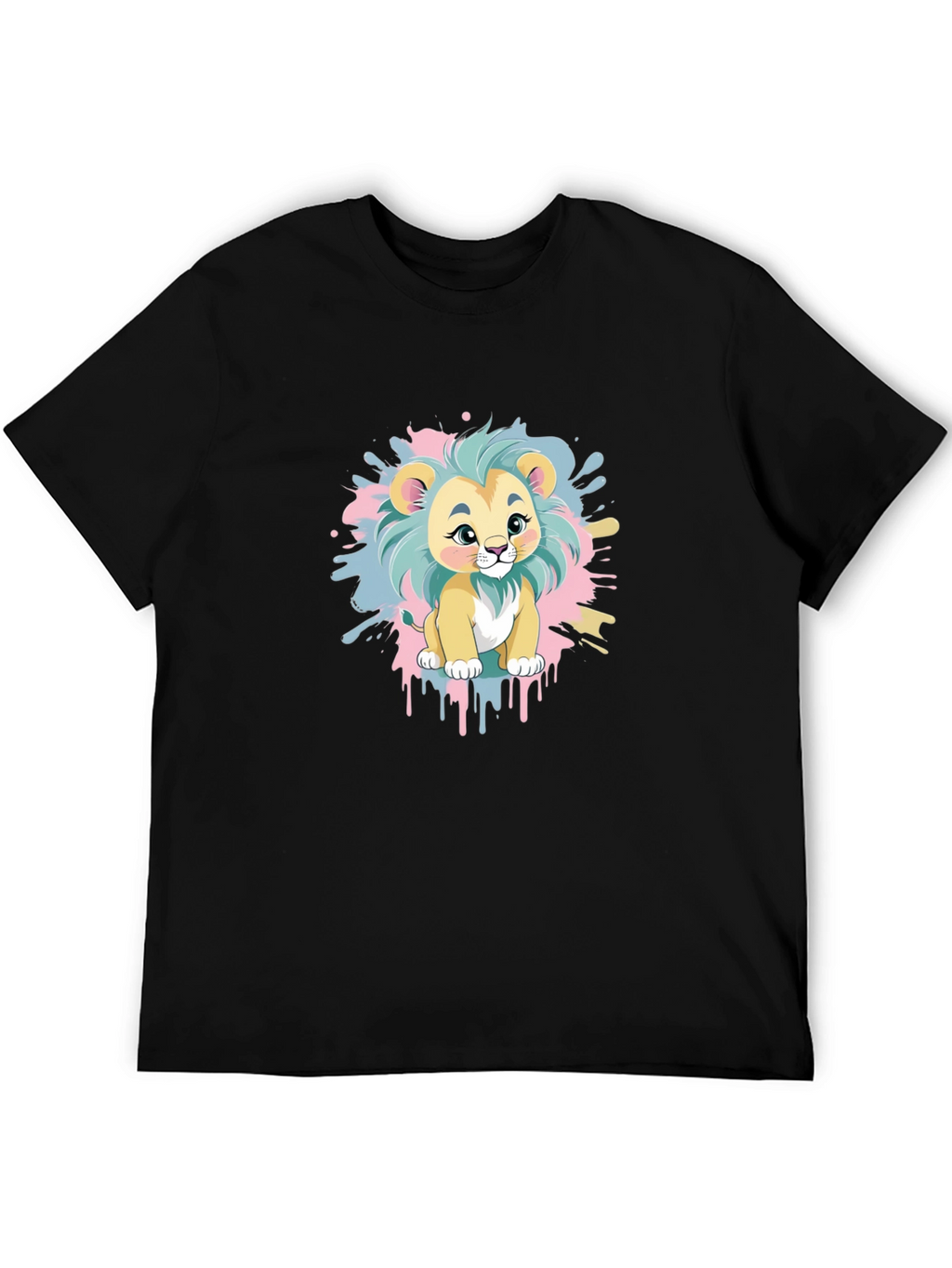 Cute Cartoon Lion Graphic Tee - Black Cotton Blend