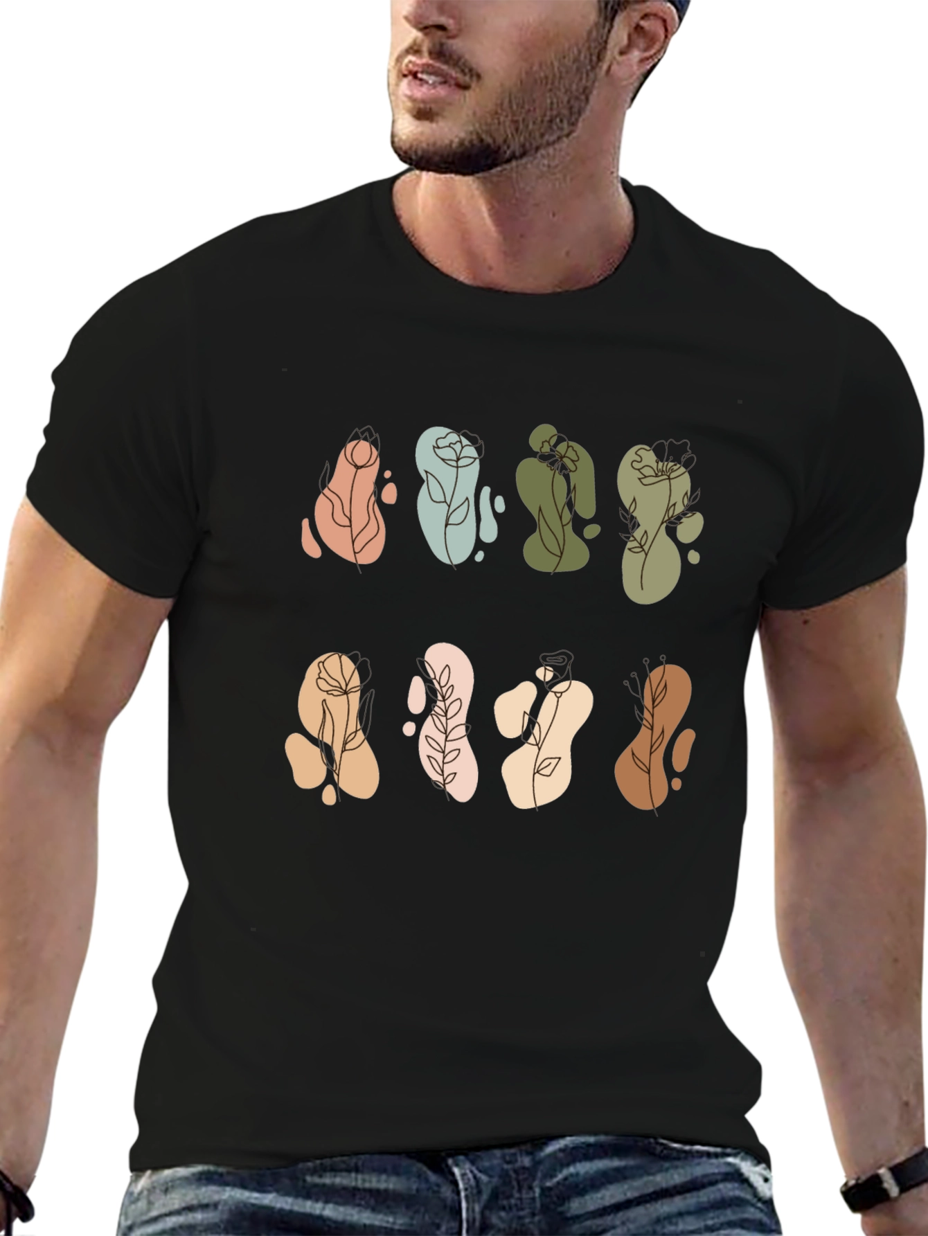 Abstract Floral Design Black T-Shirt