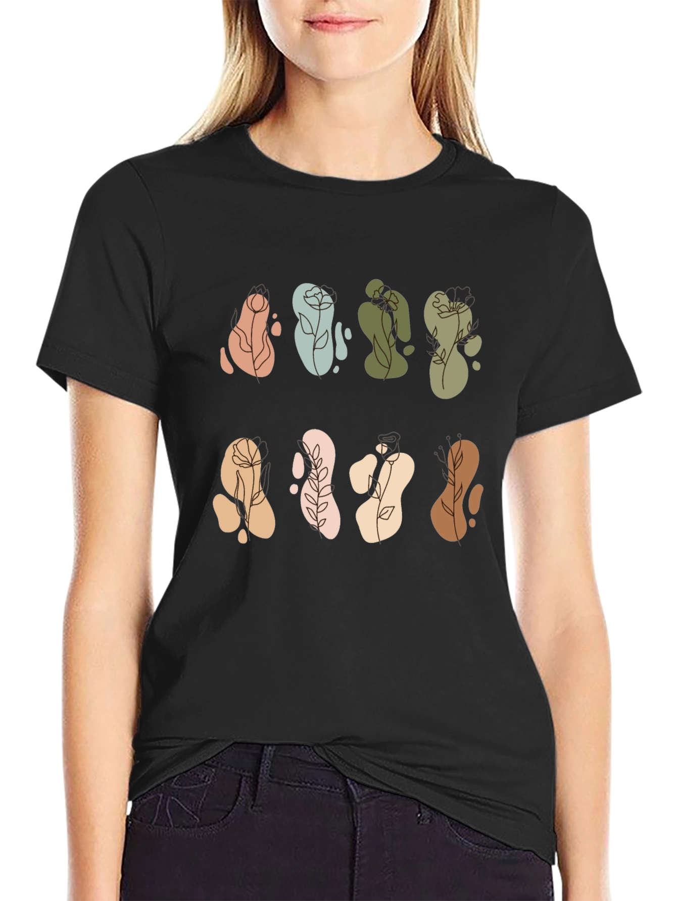 Abstract Floral Design Black T-Shirt