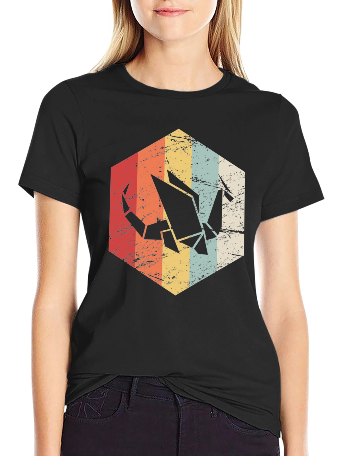 Retro Origami Crane Graphic Tee - Mens Black T-Shirt