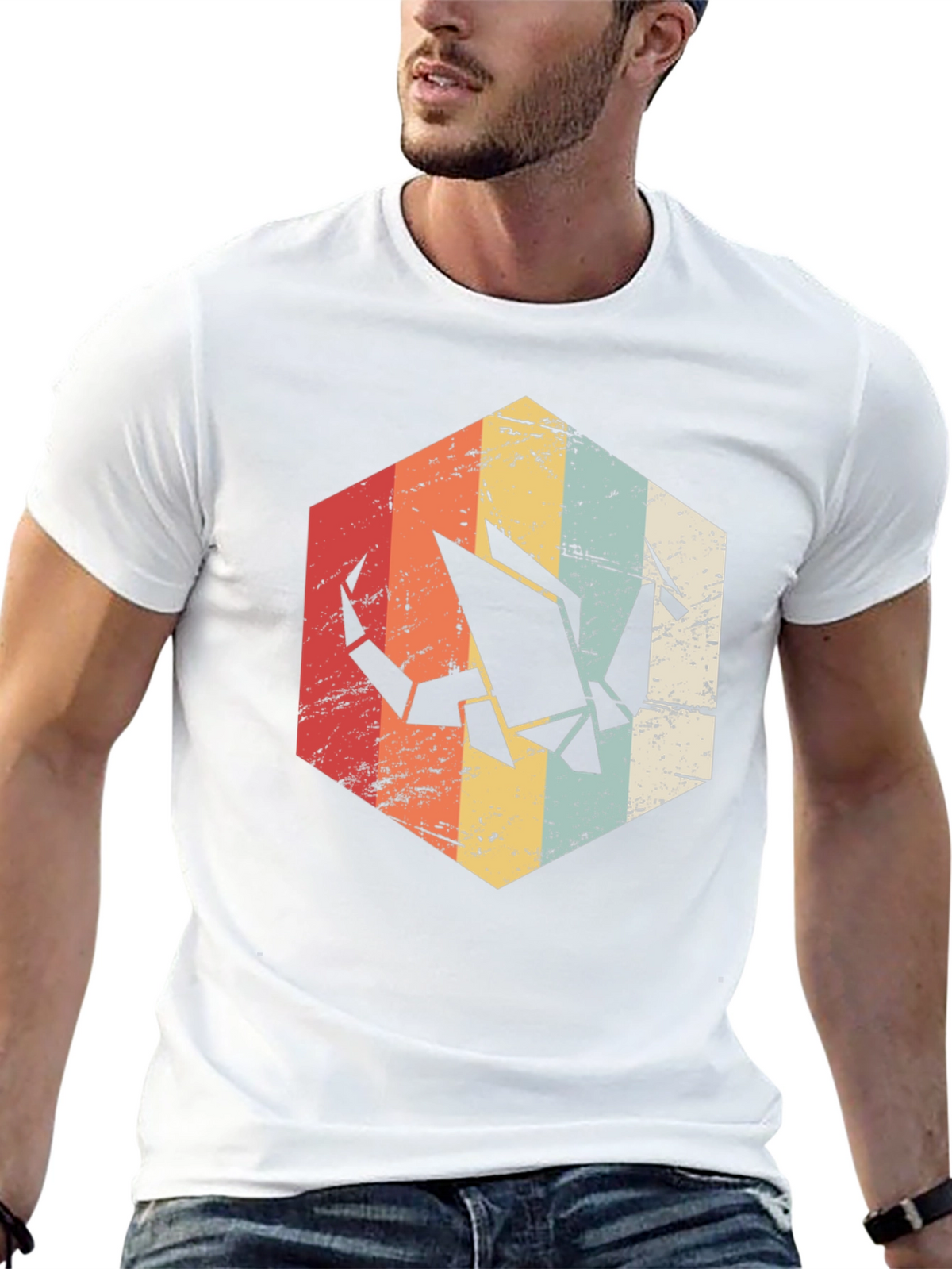 Retro Origami Crane Graphic Tee - Mens Black T-Shirt