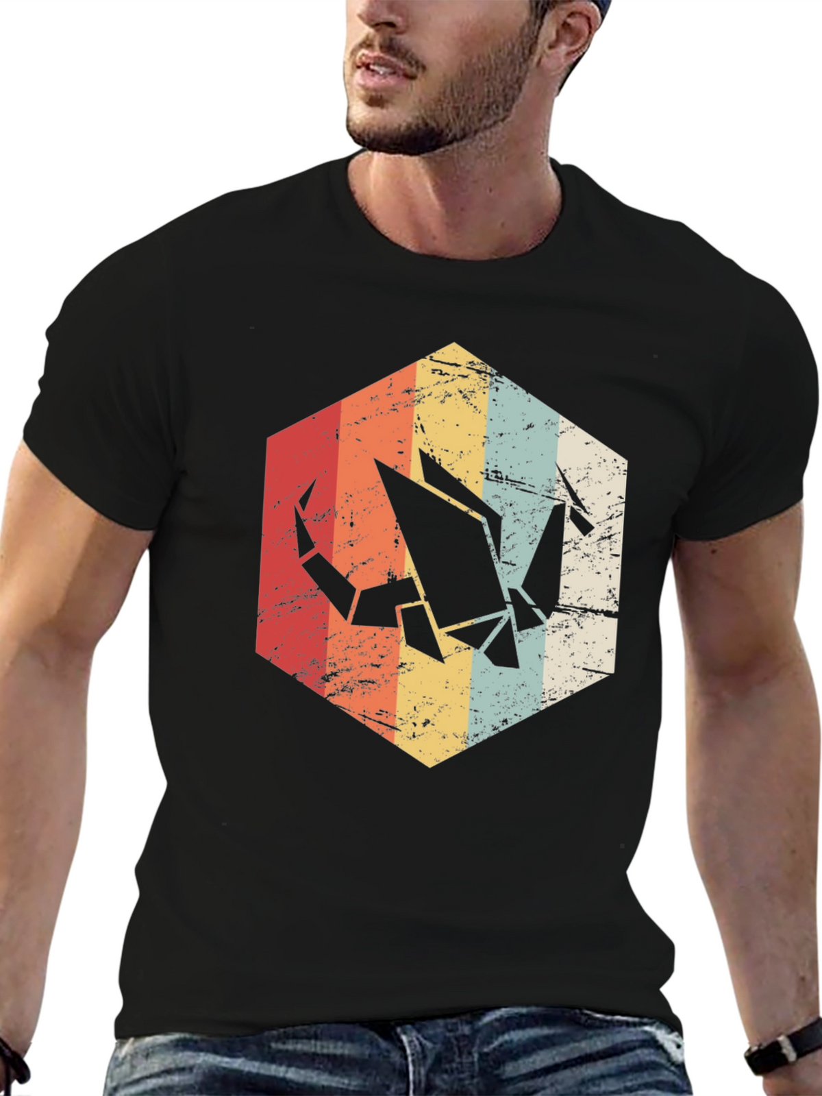 Retro Origami Crane Graphic Tee - Mens Black T-Shirt