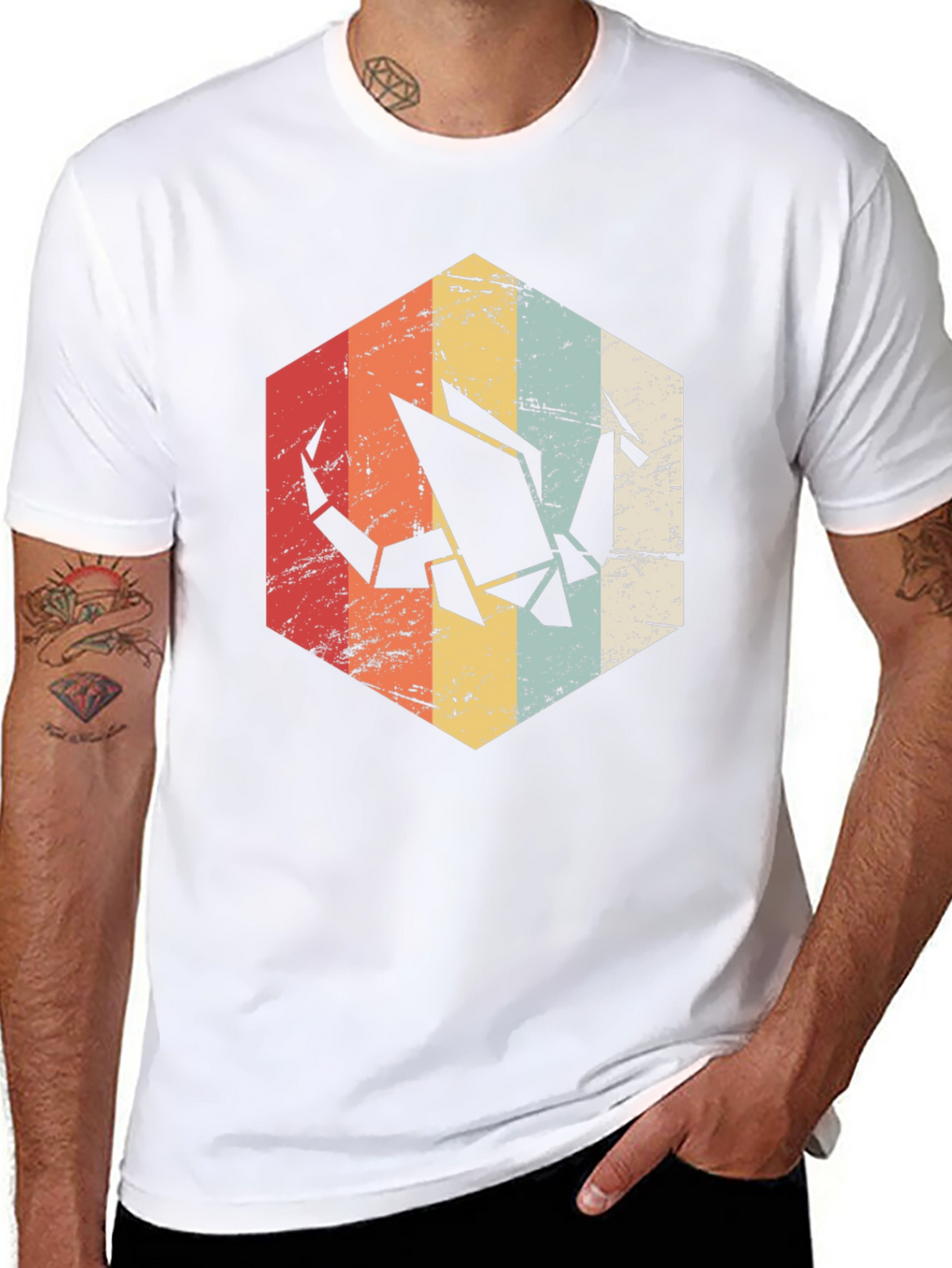 Retro Origami Crane Graphic Tee - Mens Black T-Shirt