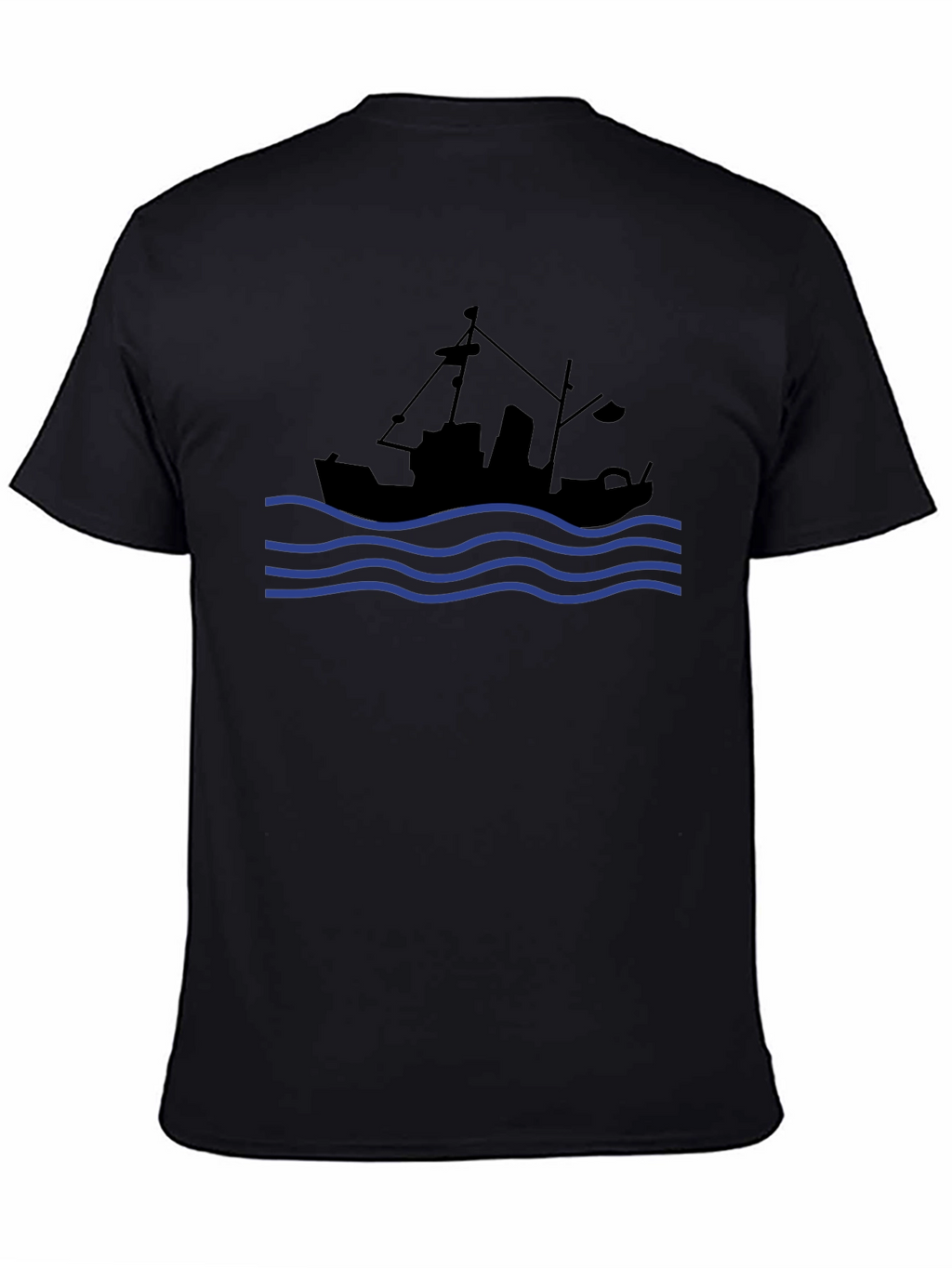 Nautical Black T-Shirt: Fishing Boat & Waves