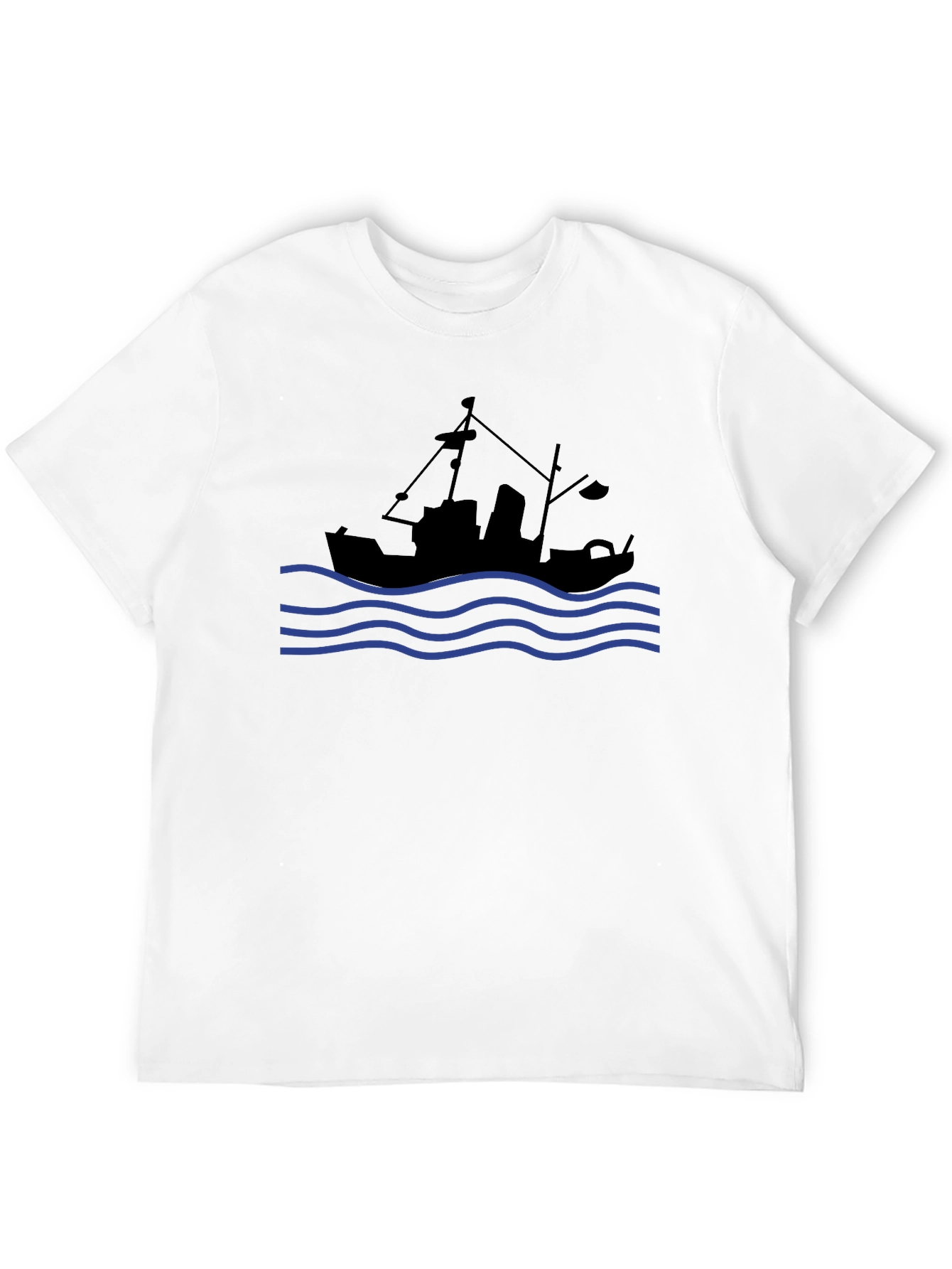 Nautical Black T-Shirt: Fishing Boat & Waves