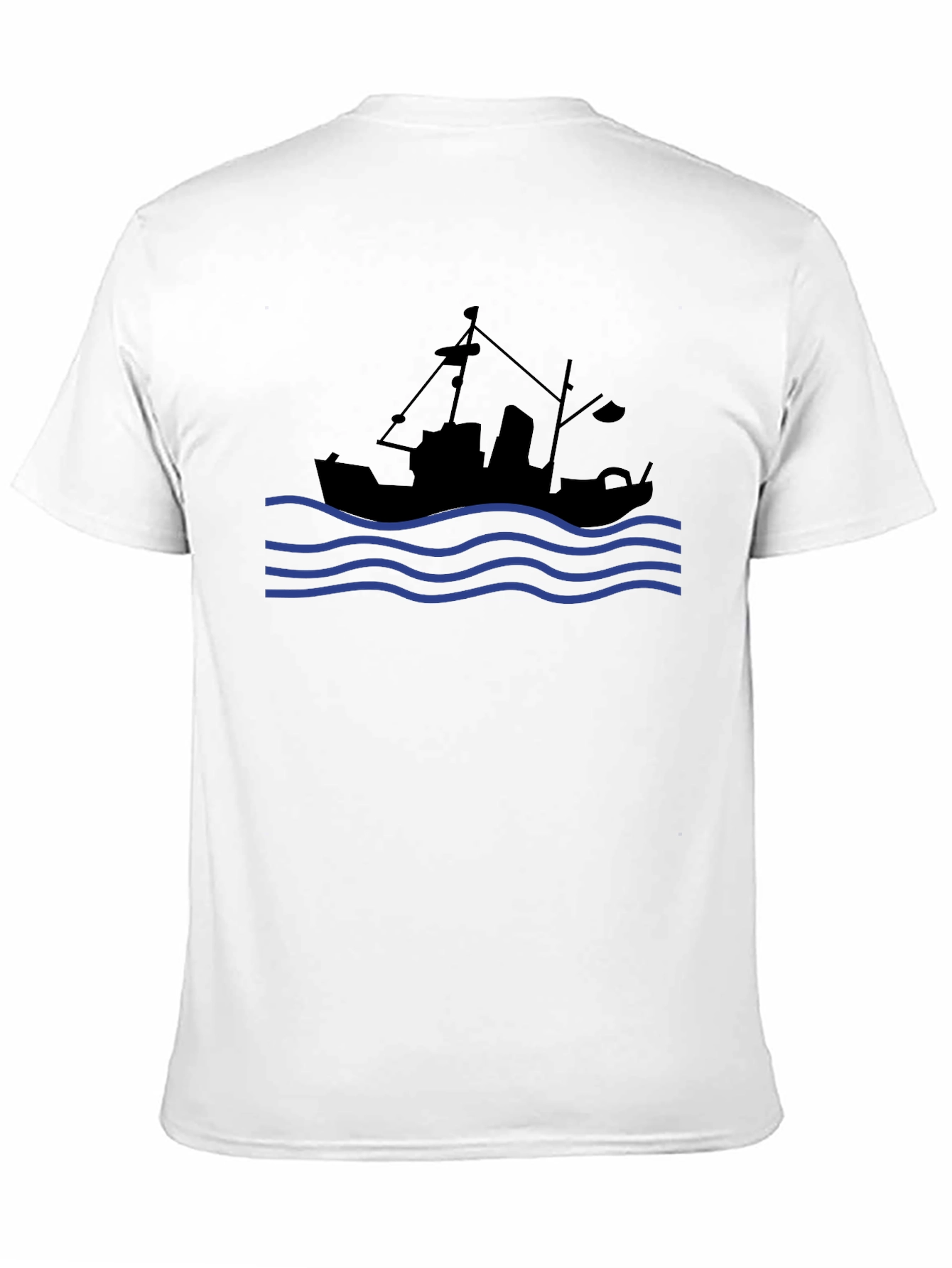 Nautical Black T-Shirt: Fishing Boat & Waves