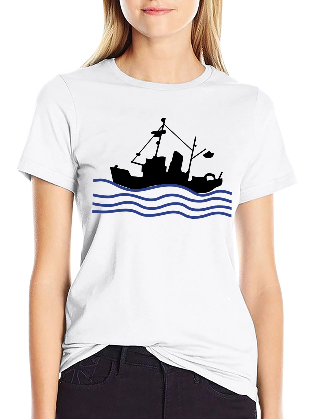 Nautical Black T-Shirt: Fishing Boat & Waves