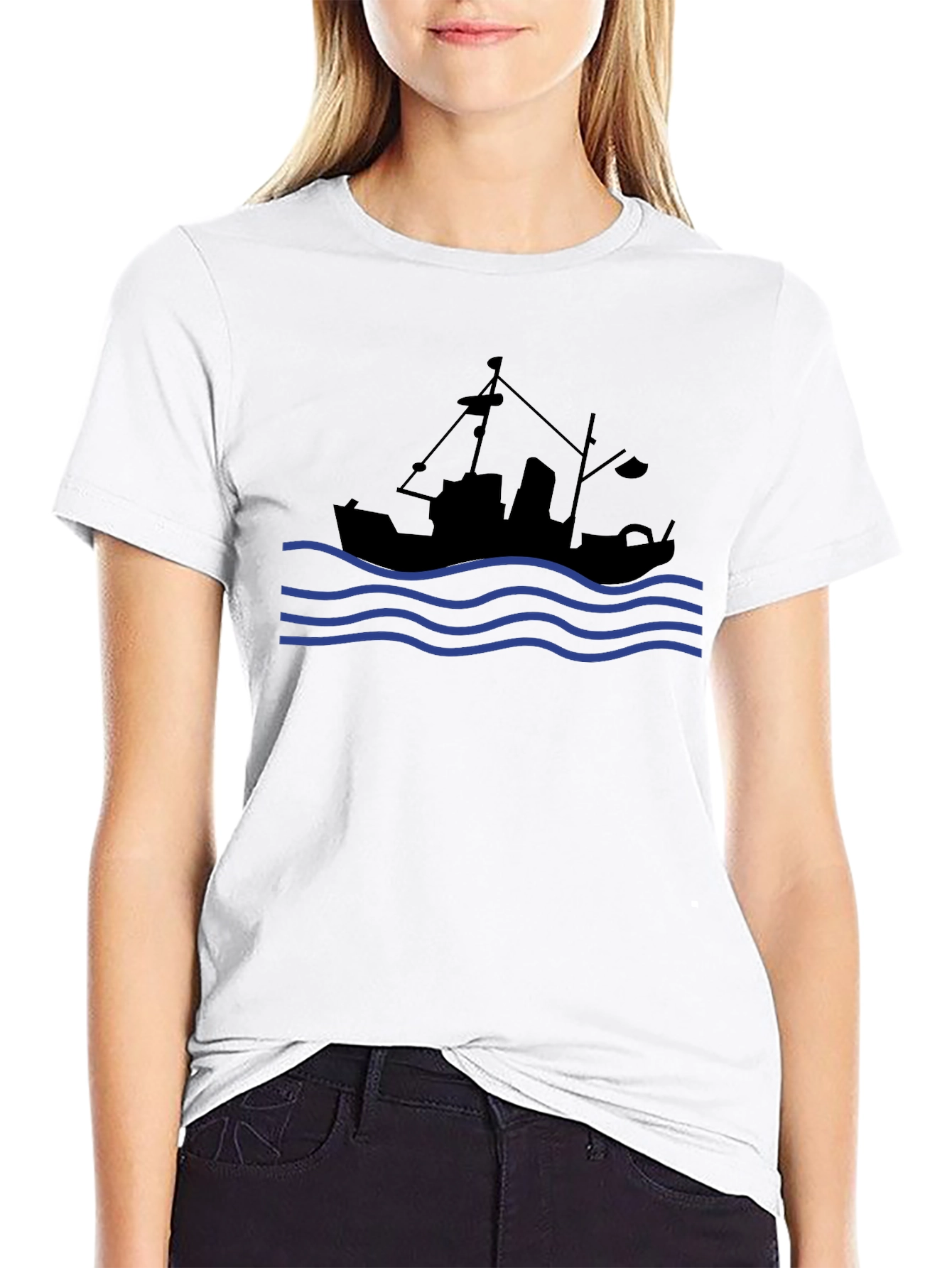 Nautical Black T-Shirt: Fishing Boat & Waves