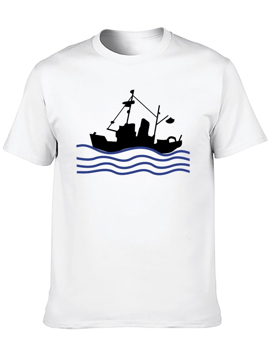 Nautical Black T-Shirt: Fishing Boat & Waves