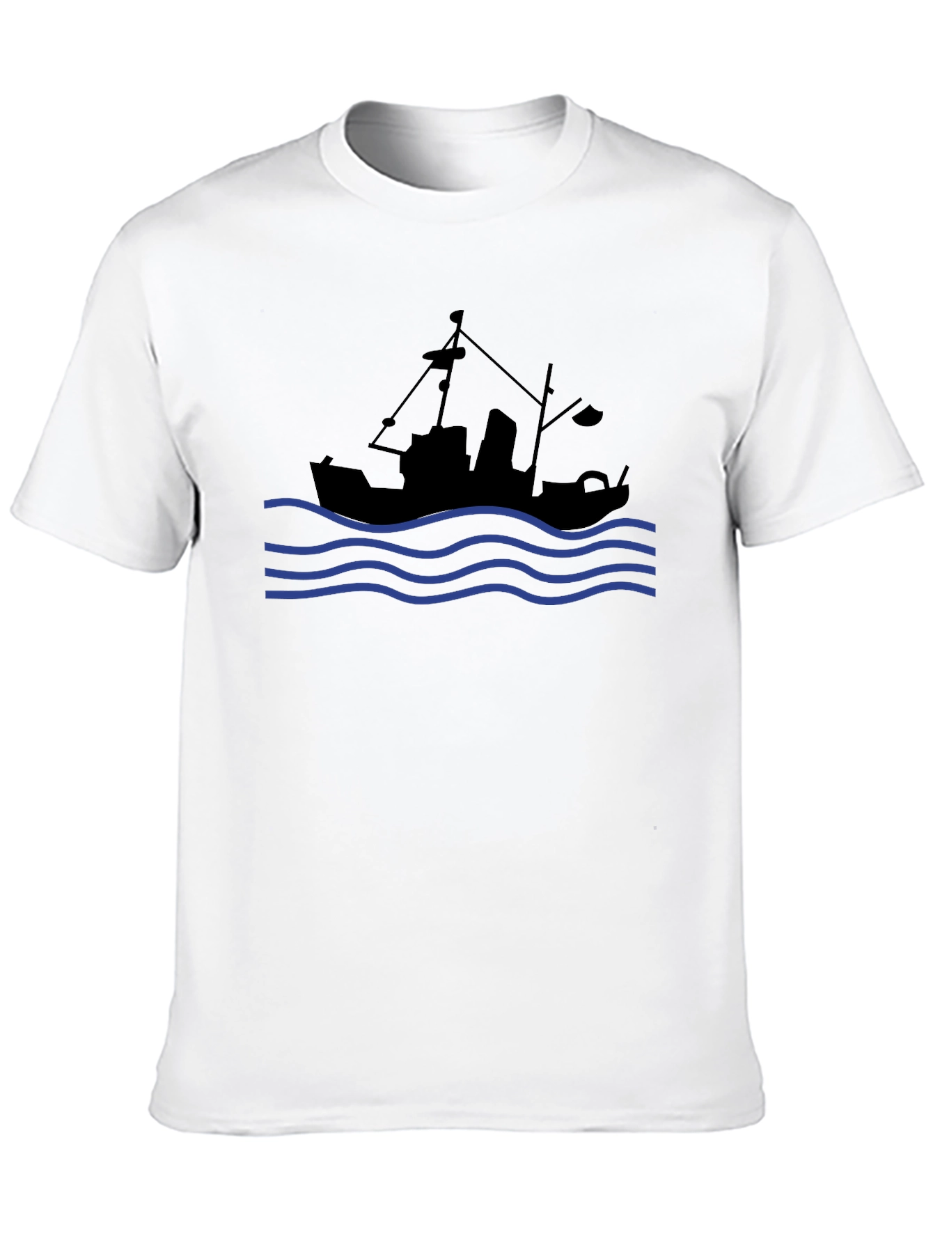 Nautical Black T-Shirt: Fishing Boat & Waves