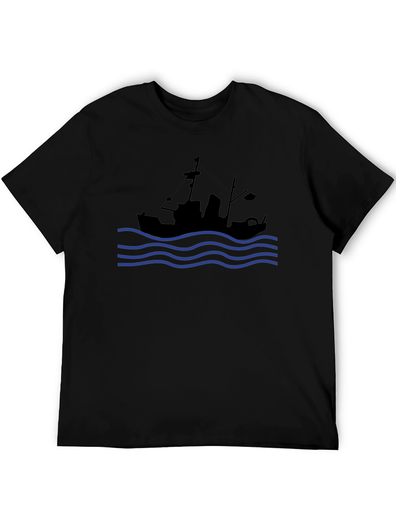 Nautical Black T-Shirt: Fishing Boat & Waves