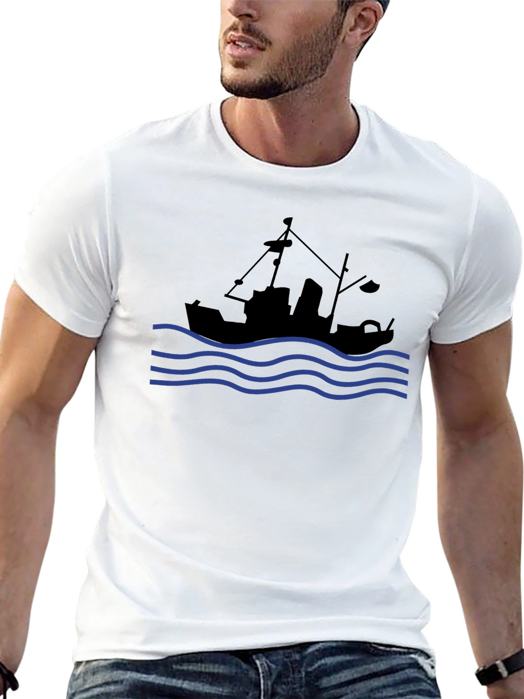 Nautical Black T-Shirt: Fishing Boat & Waves