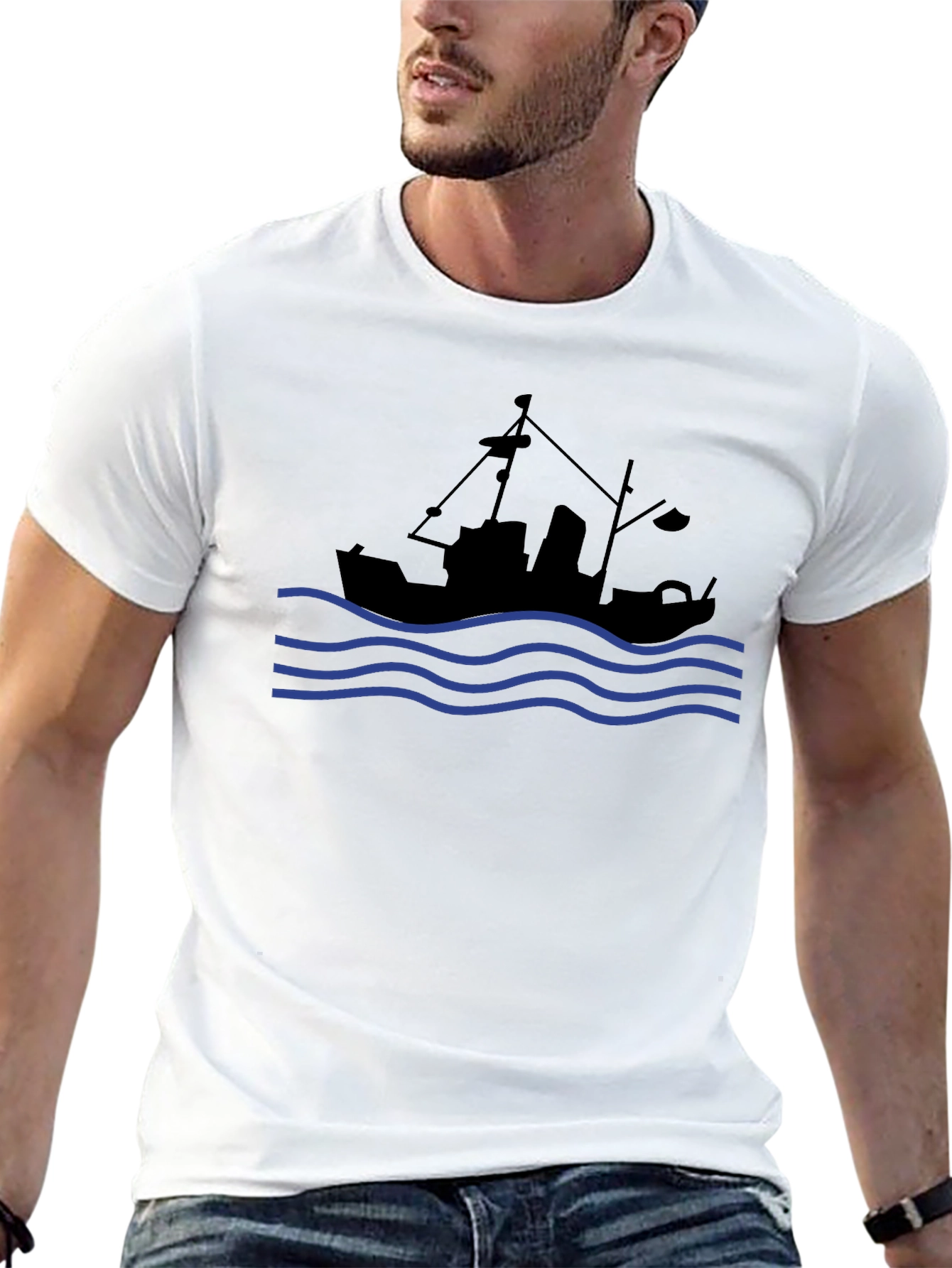 Nautical Black T-Shirt: Fishing Boat & Waves