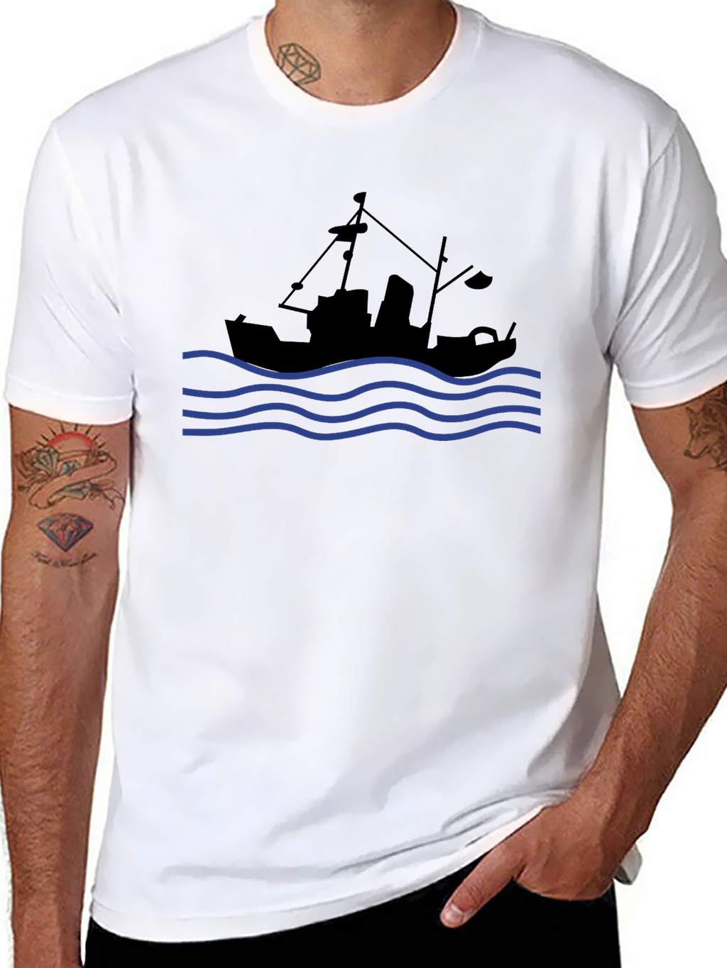 Nautical Black T-Shirt: Fishing Boat & Waves