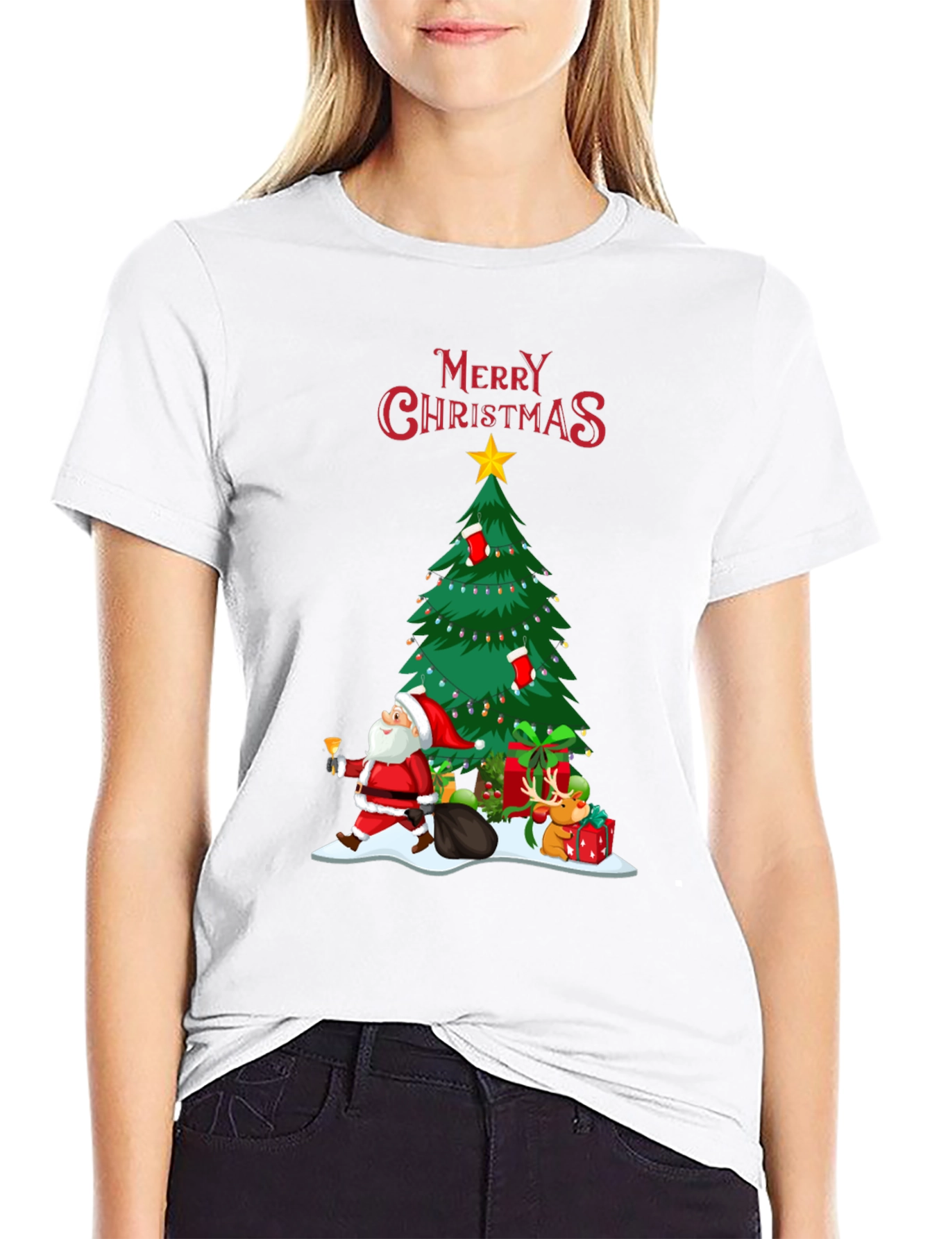 Christmas Tree & Santa Graphic T-Shirt