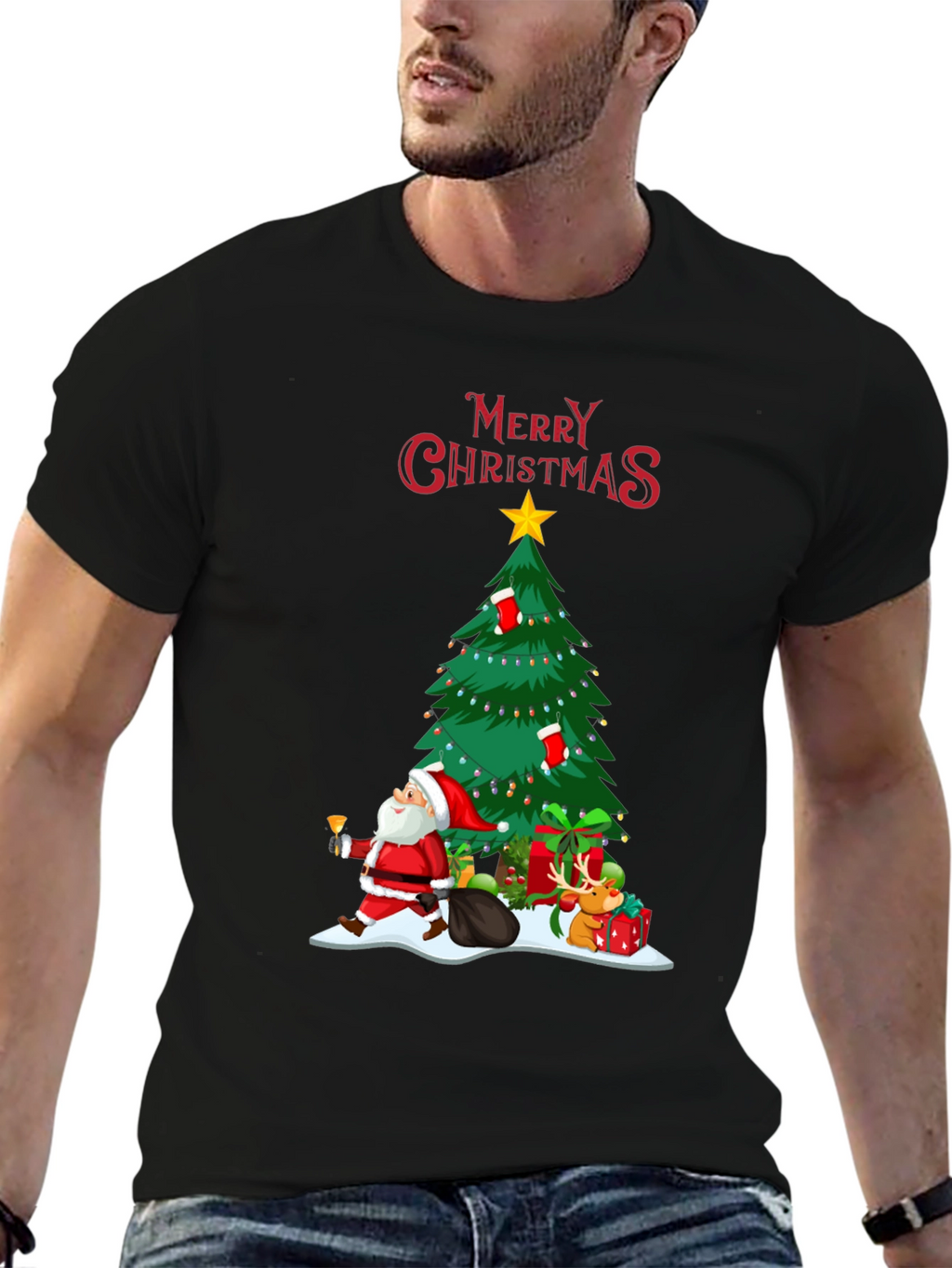 Christmas Tree & Santa Graphic T-Shirt