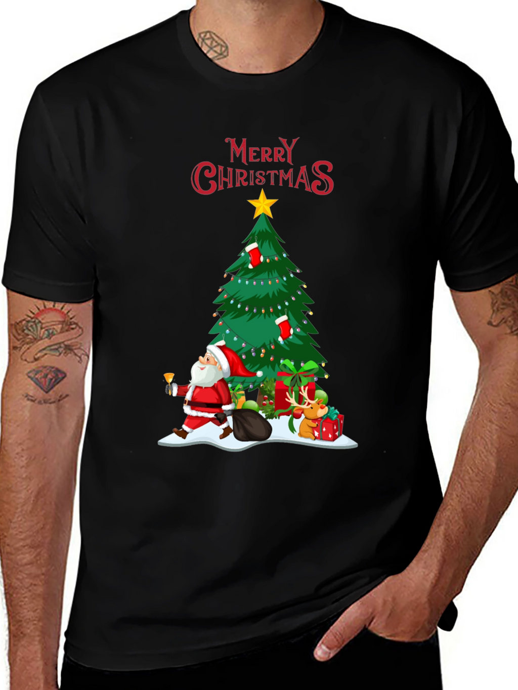 Christmas Tree & Santa Graphic T-Shirt