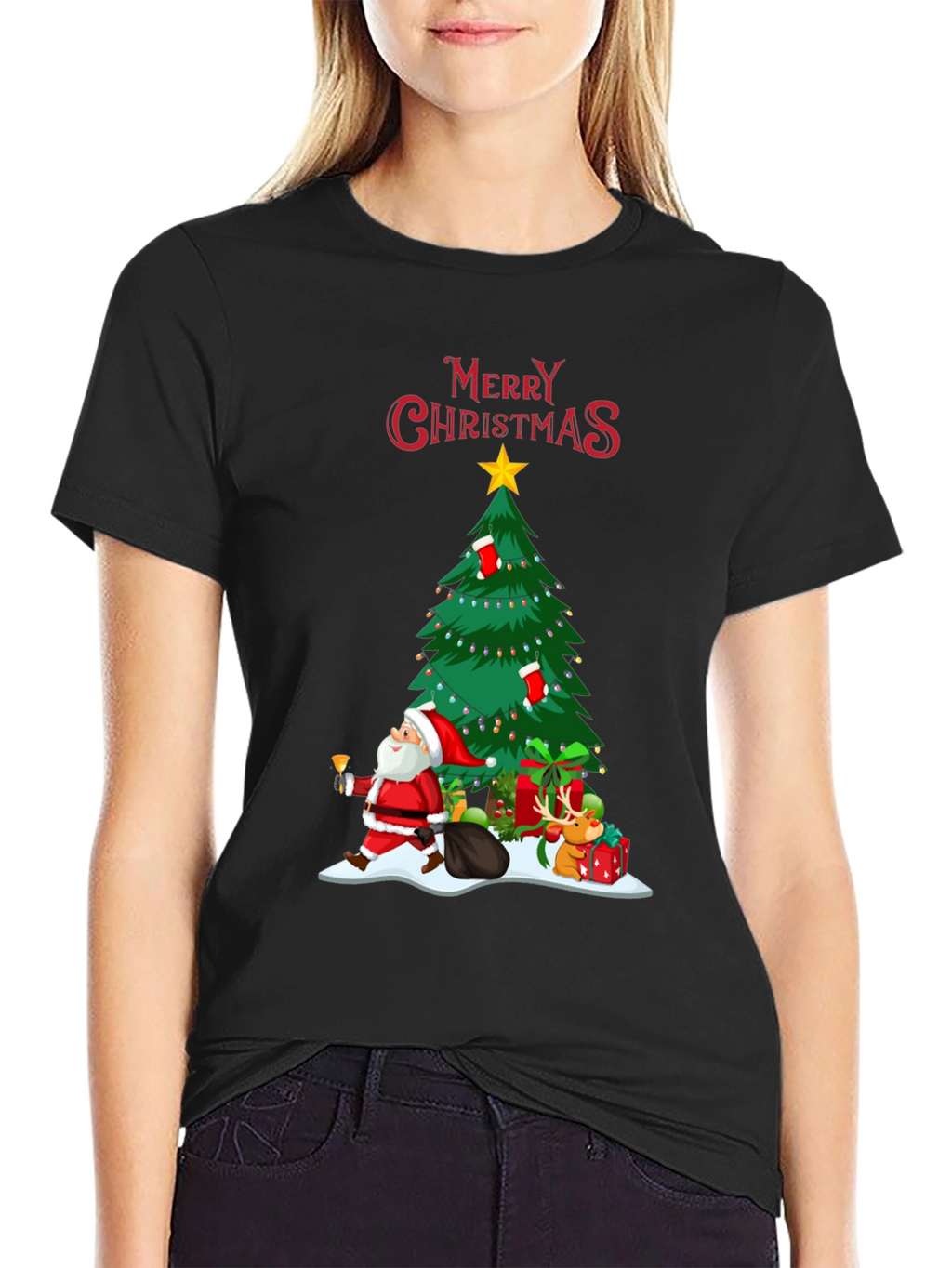 Christmas Tree & Santa Graphic T-Shirt