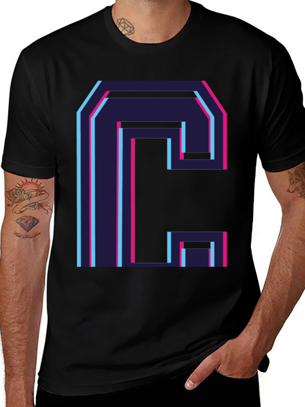 Retro C Letter Graphic Black Tee