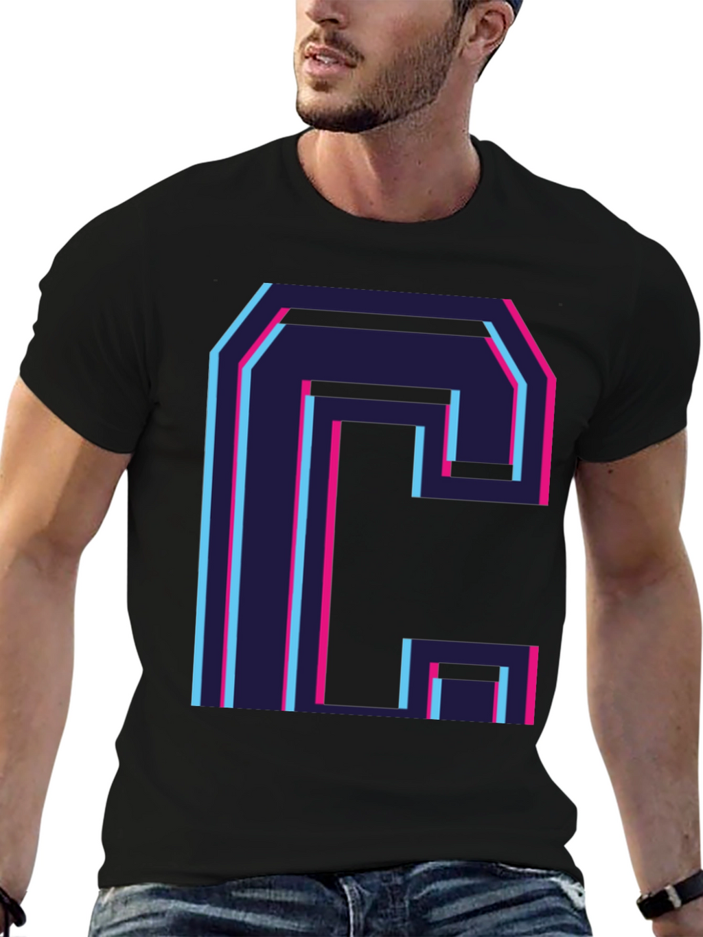 Retro C Letter Graphic Black Tee
