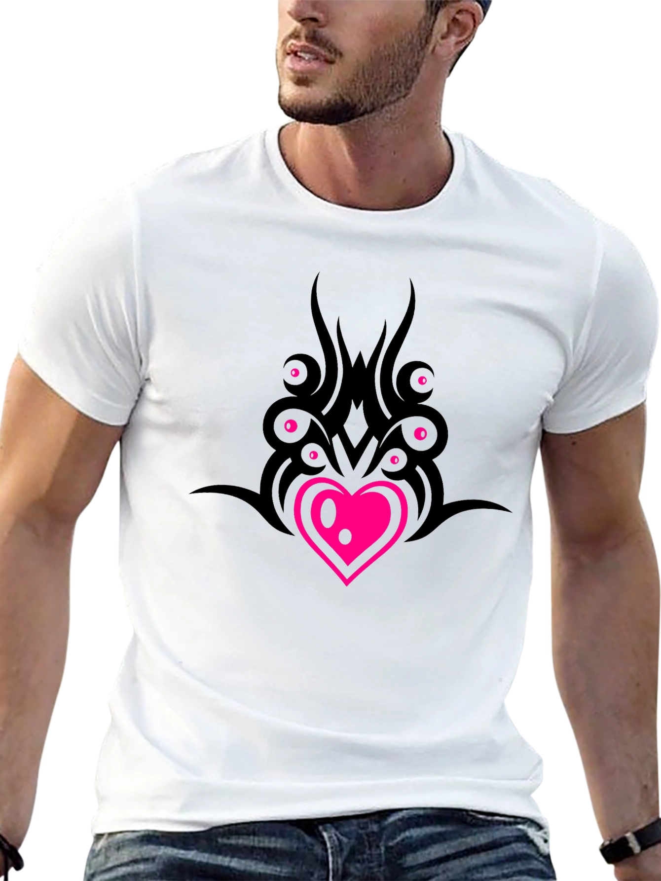 Black T-Shirt with Heart & Tribal Design