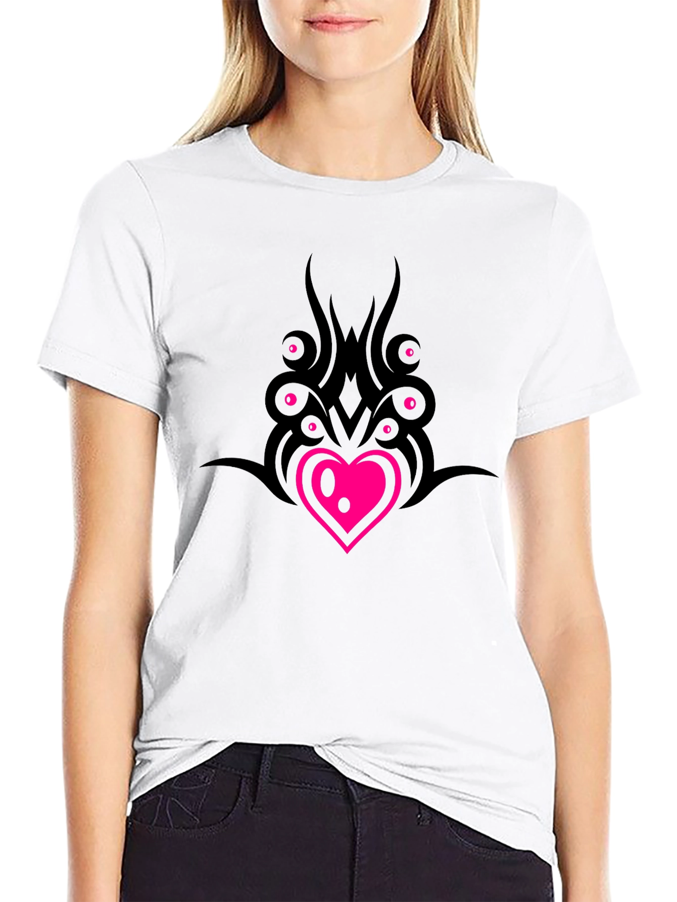 Black T-Shirt with Heart & Tribal Design
