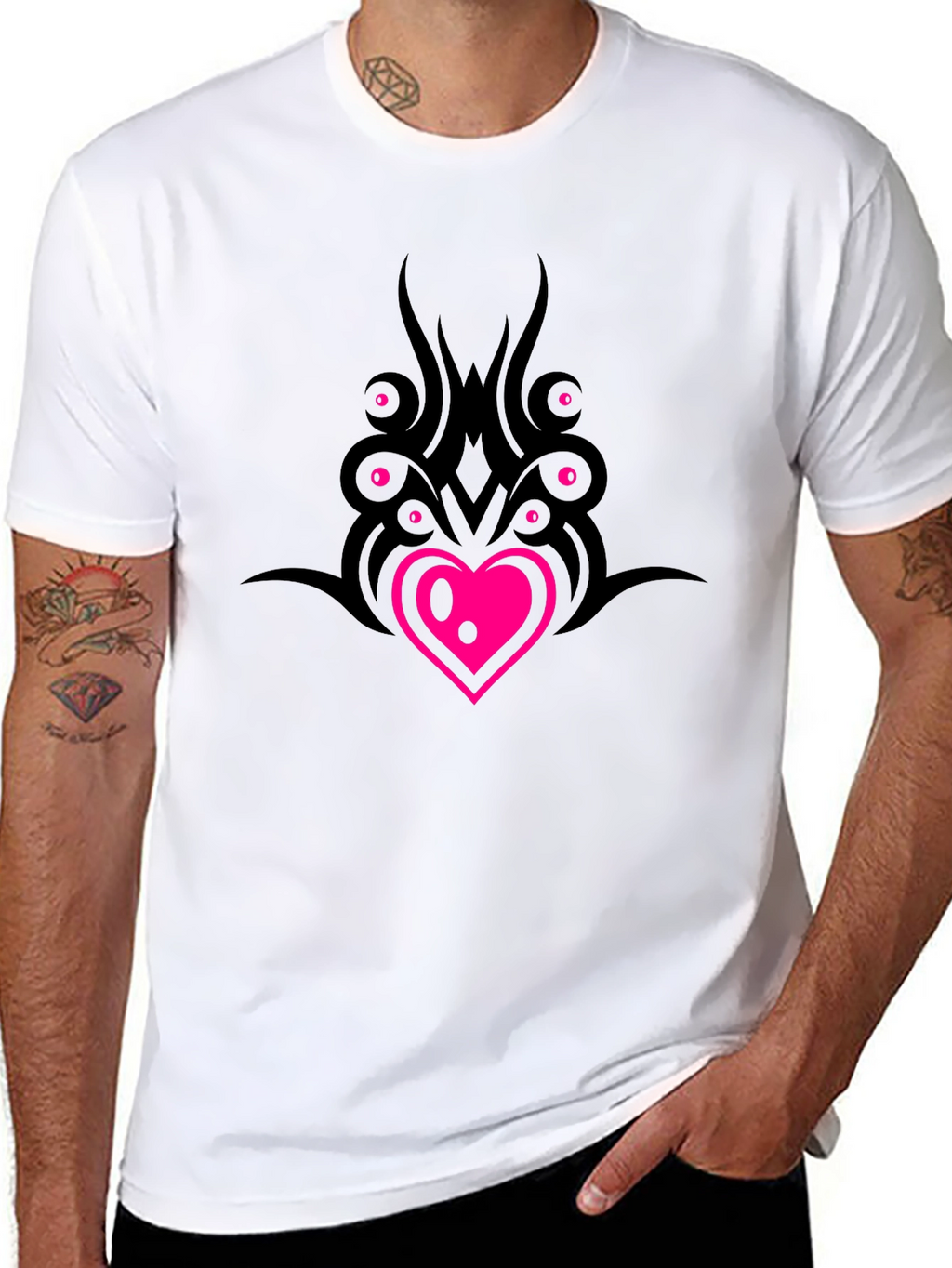 Black T-Shirt with Heart & Tribal Design