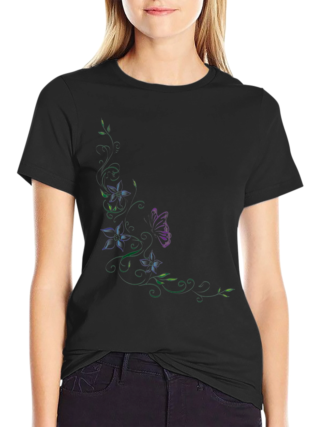Floral Butterfly Graphic Black T-Shirt