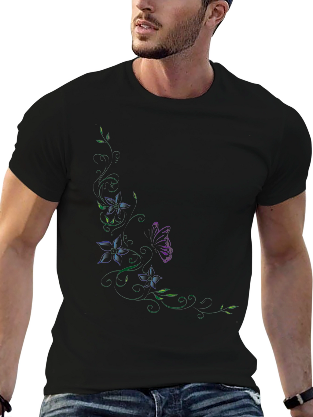 Floral Butterfly Graphic Black T-Shirt
