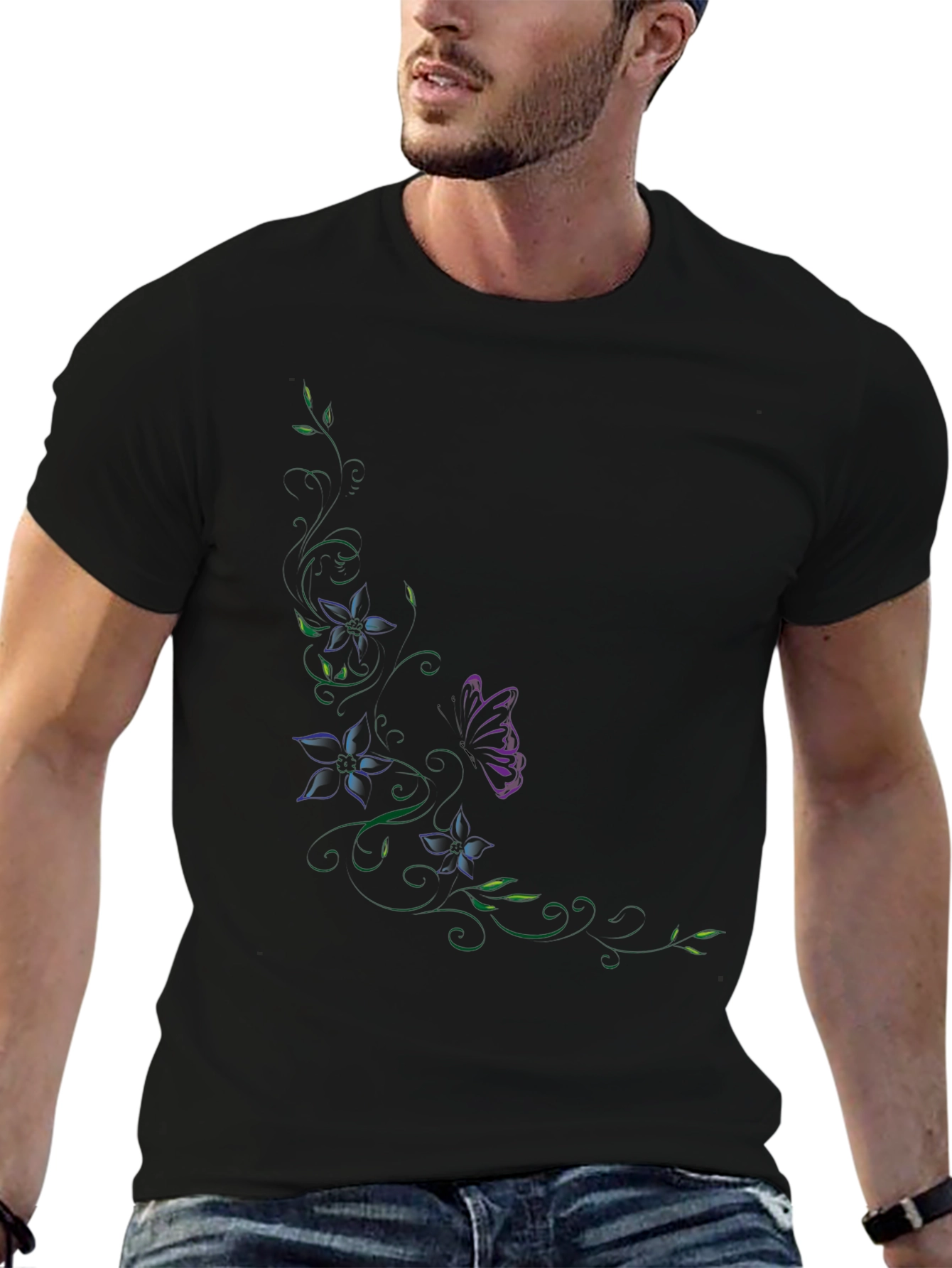 Floral Butterfly Graphic Black T-Shirt