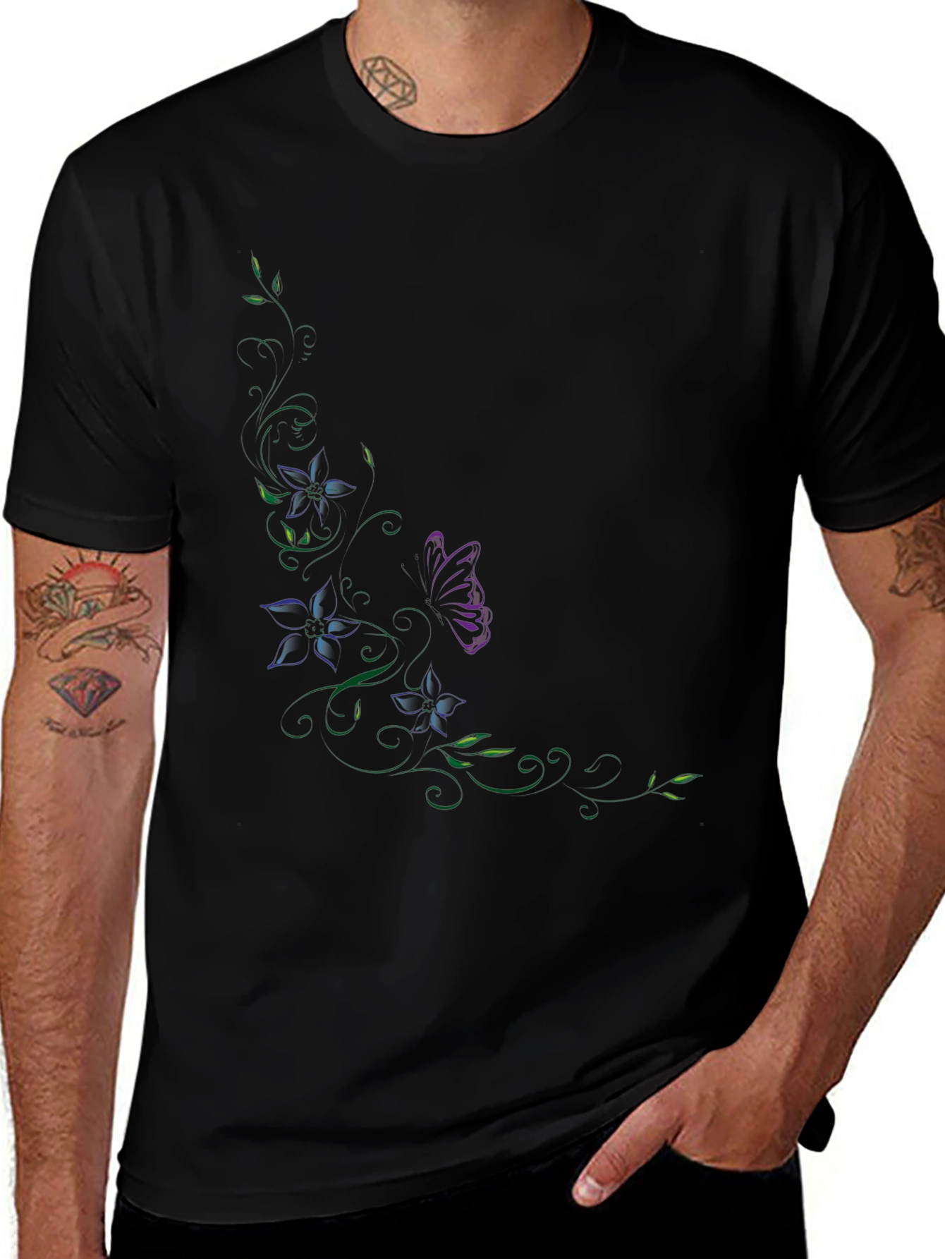 Floral Butterfly Graphic Black T-Shirt