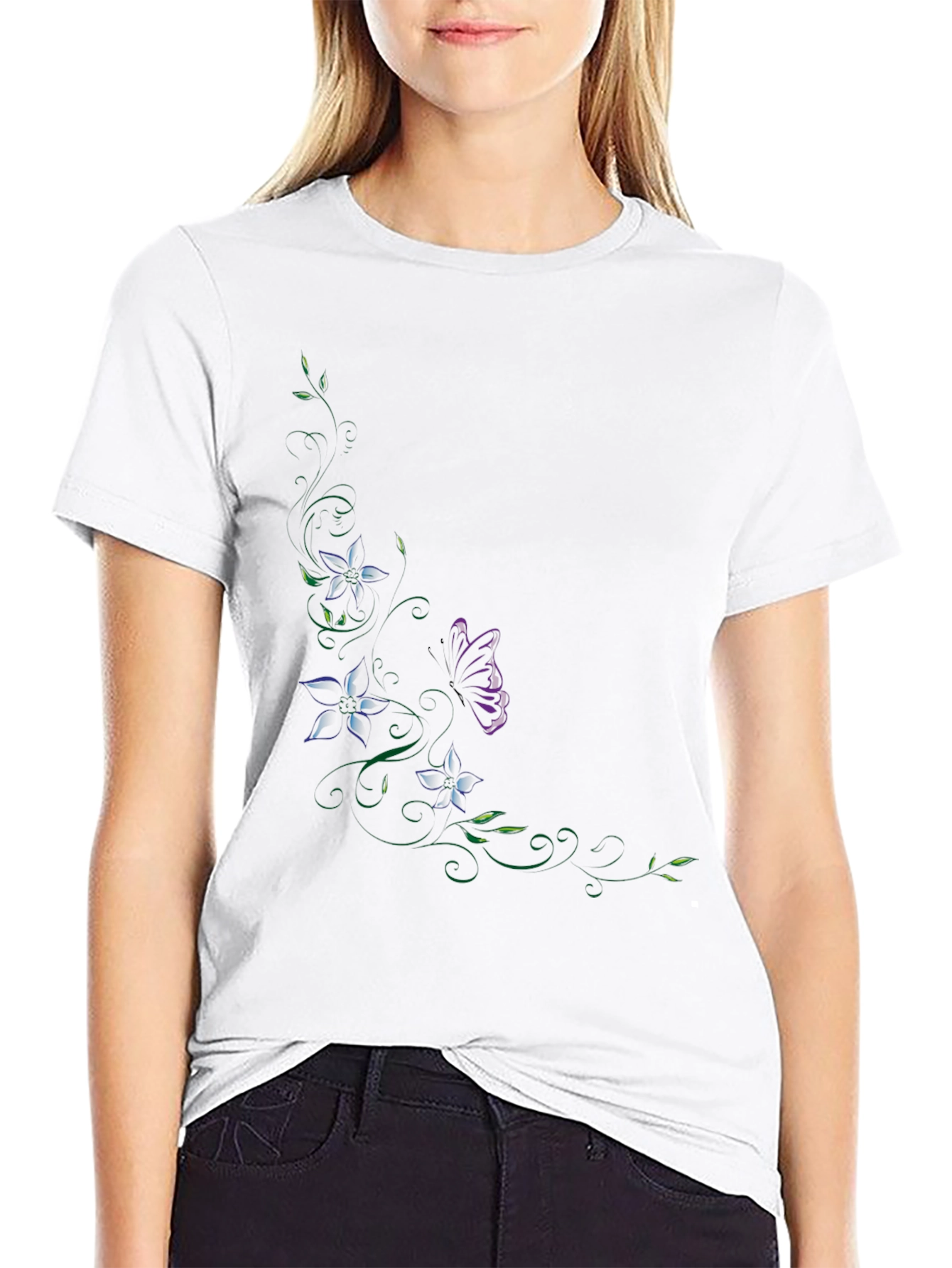 Floral Butterfly Graphic Black T-Shirt