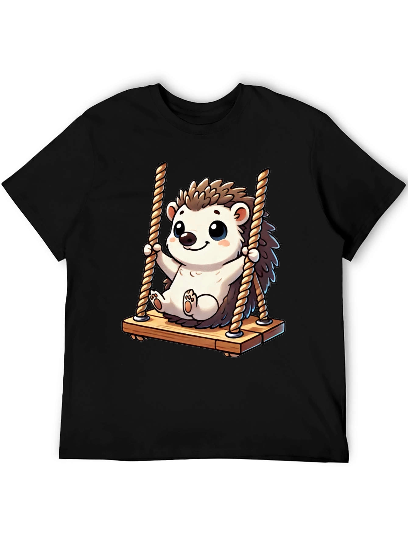 Cute Hedgehog on Swing Black T-Shirt