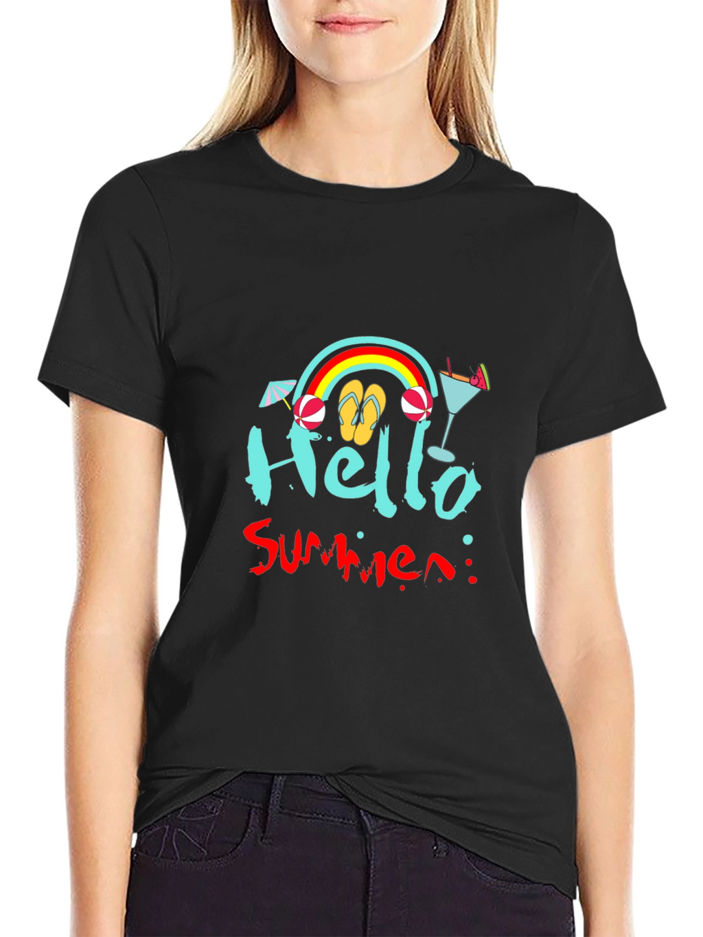 Hello Summer Black T-Shirt - Beach Vibes