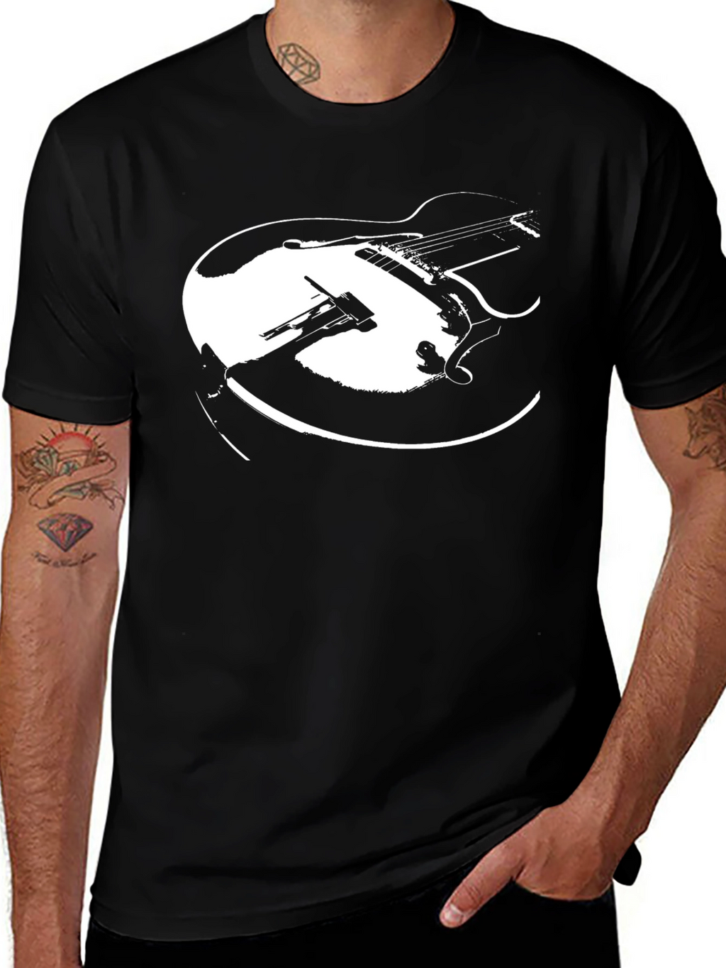 Black Guitar Graphic Tee - Retro Style