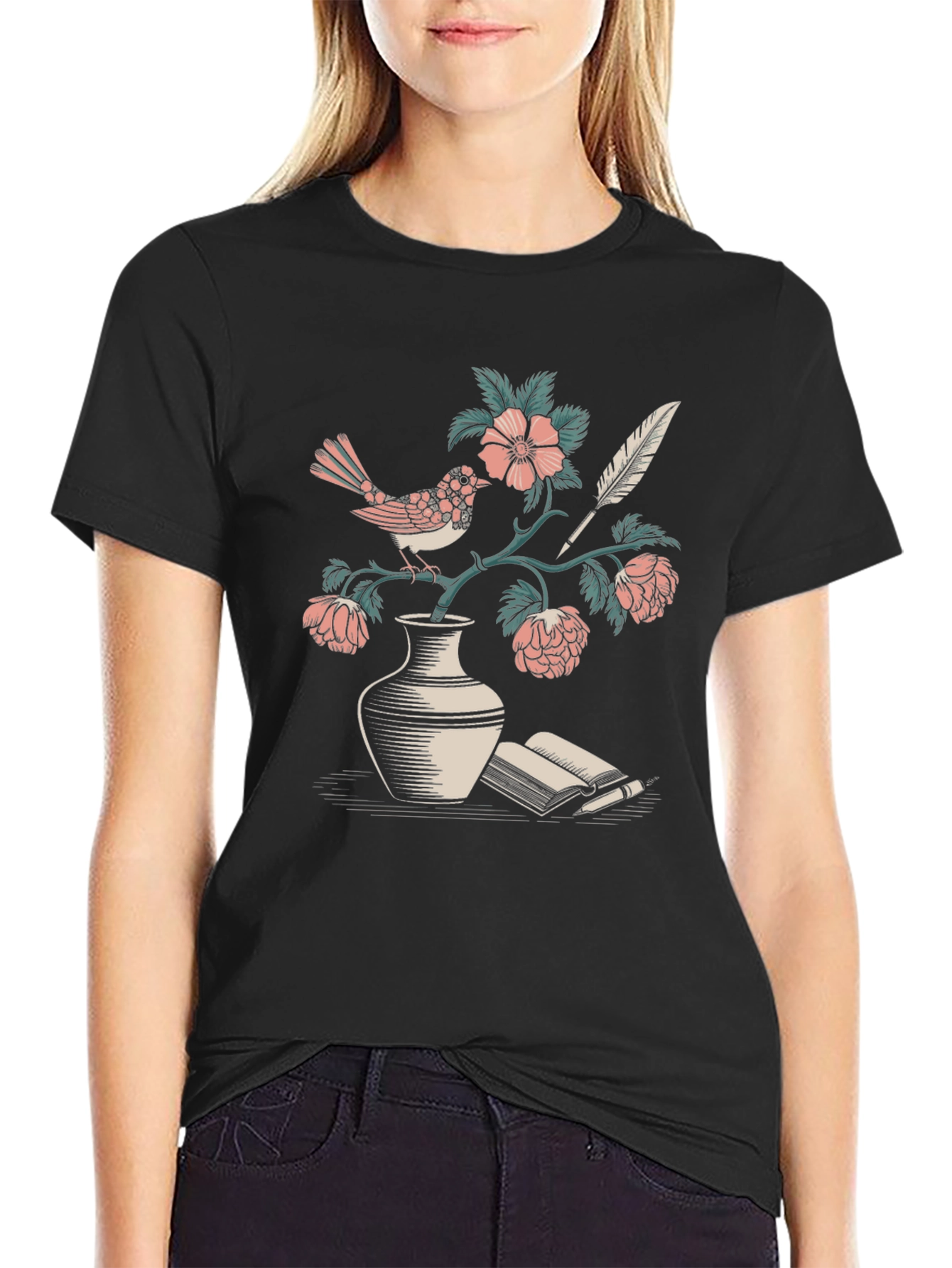 Bird & Book Graphic Tee - Literary Style Comfort