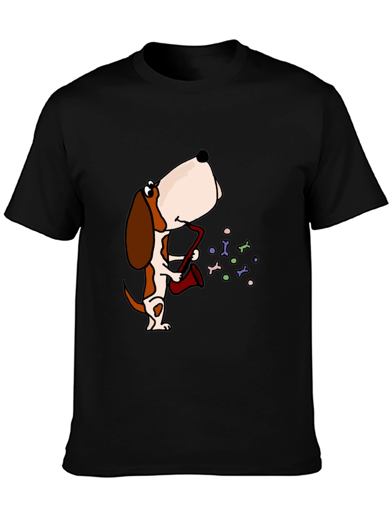 Dog Saxophone Graphic Tee - Black Cotton T-Shirt