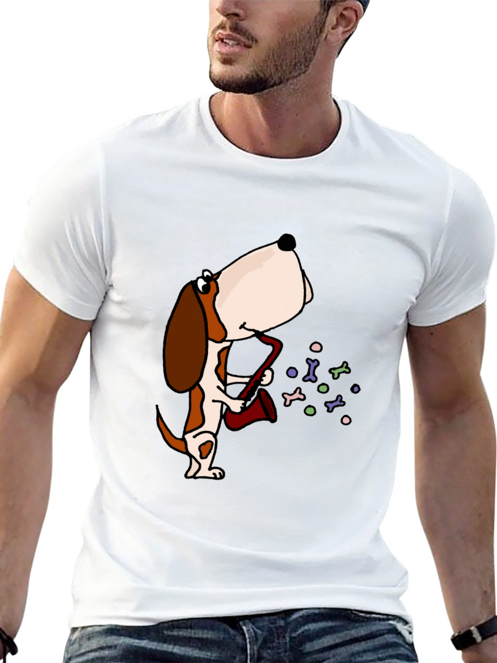 Dog Saxophone Graphic Tee - Black Cotton T-Shirt