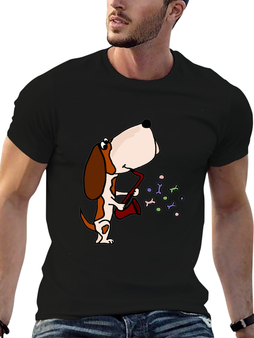 Dog Saxophone Graphic Tee - Black Cotton T-Shirt