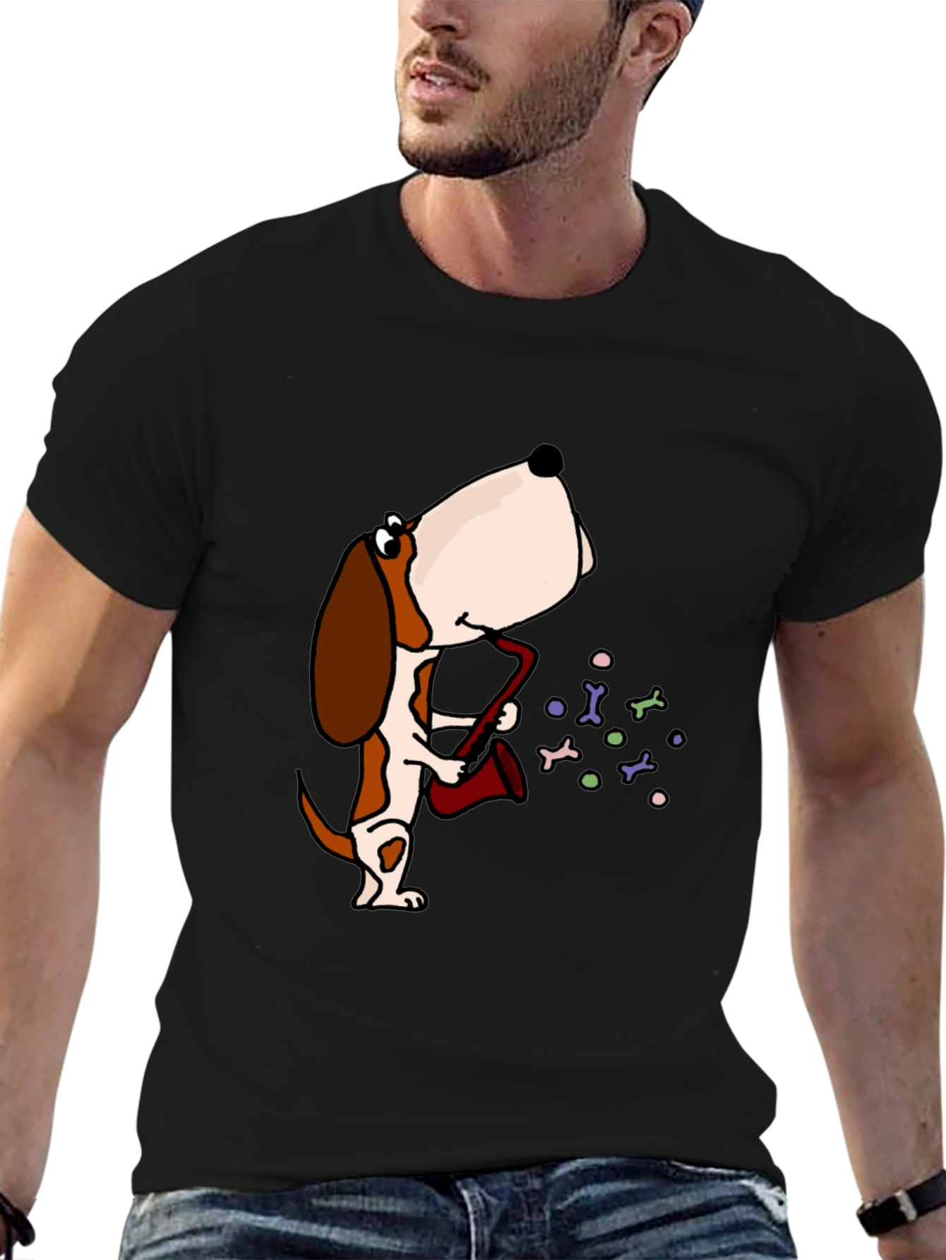 Dog Saxophone Graphic Tee - Black Cotton T-Shirt