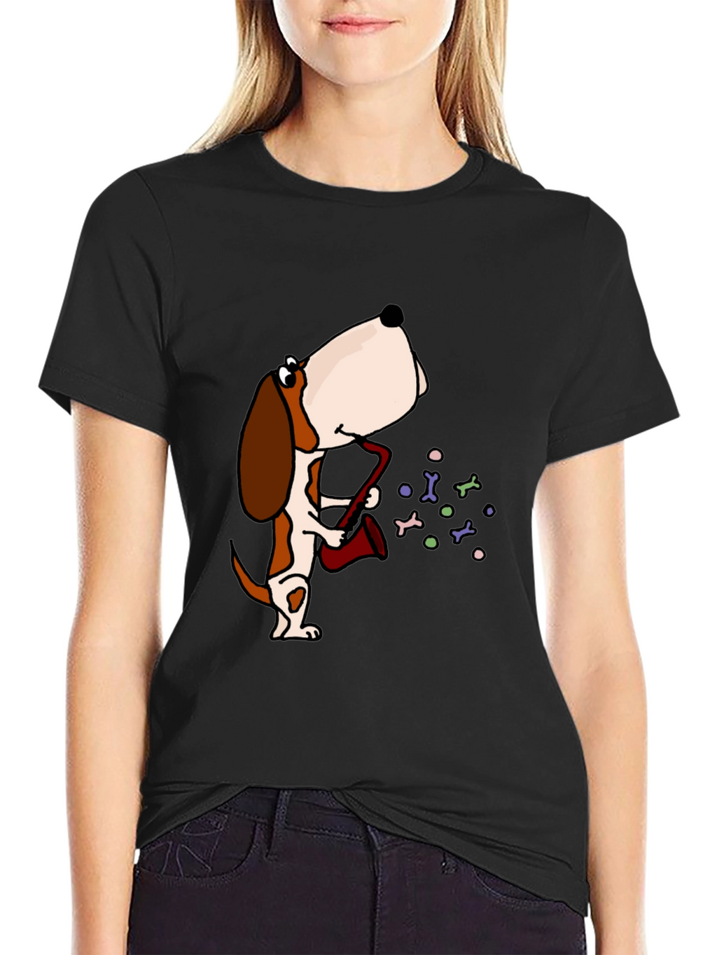 Dog Saxophone Graphic Tee - Black Cotton T-Shirt