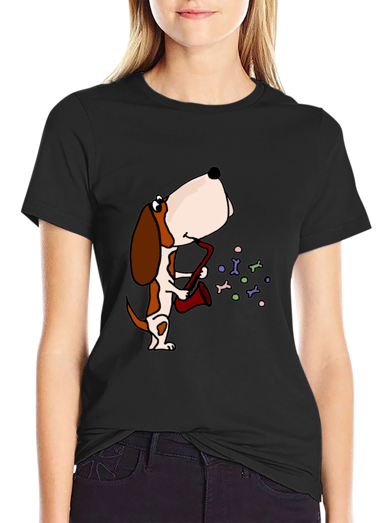 Dog Saxophone Graphic Tee - Black Cotton T-Shirt