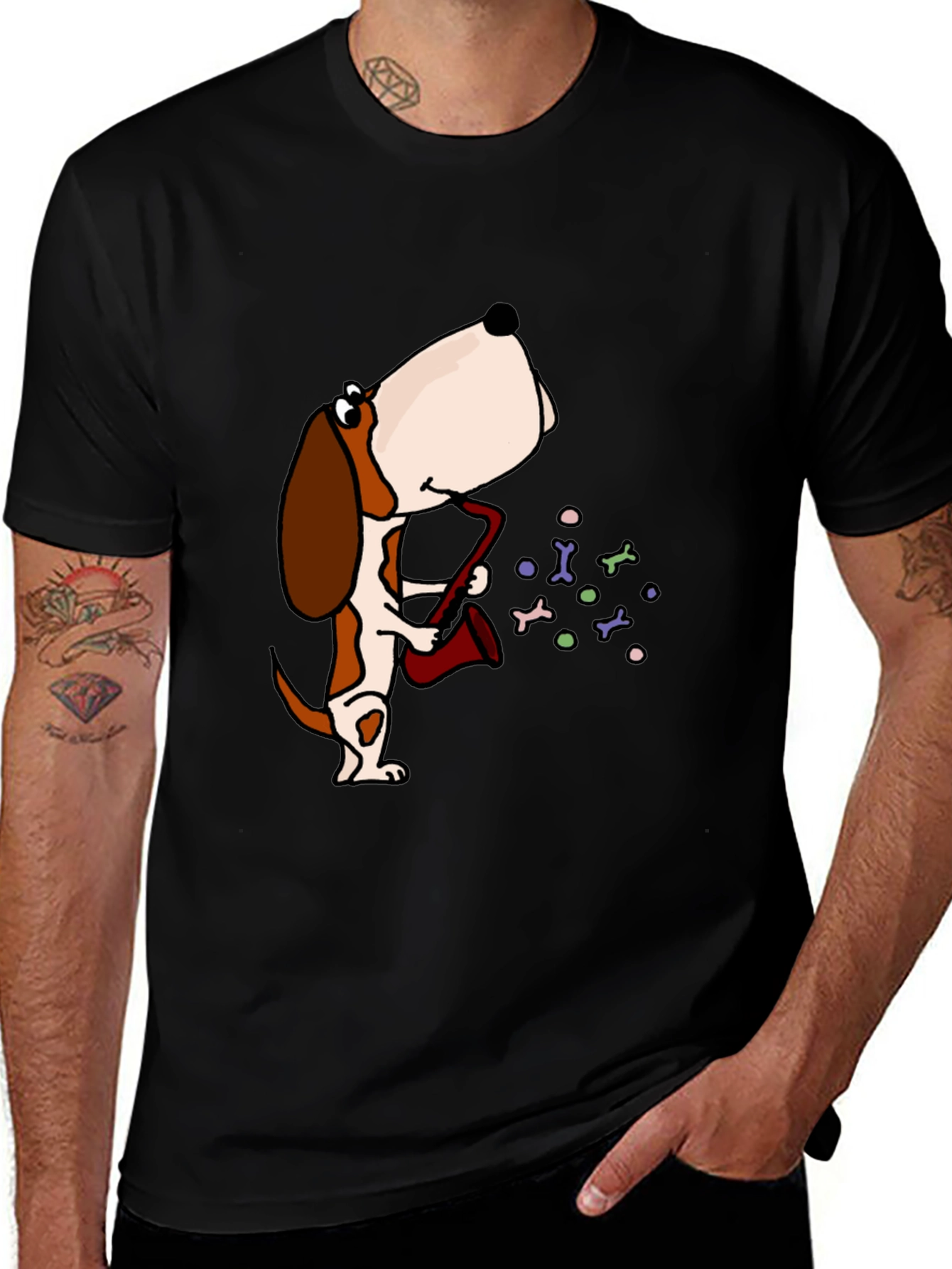 Dog Saxophone Graphic Tee - Black Cotton T-Shirt