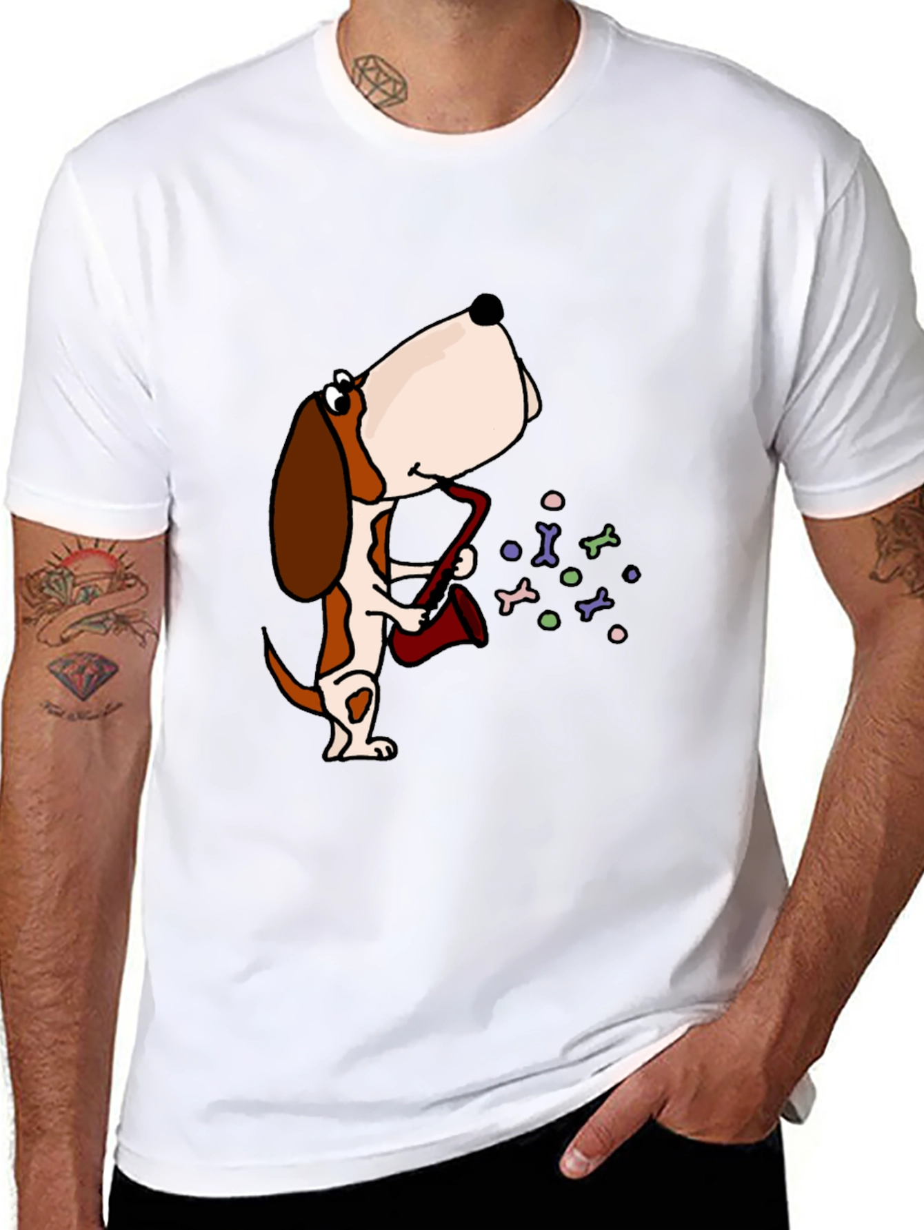 Dog Saxophone Graphic Tee - Black Cotton T-Shirt