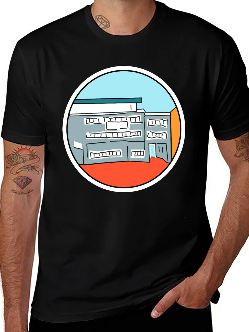 Building Graphic Tee - Unique Design Black T-Shirt